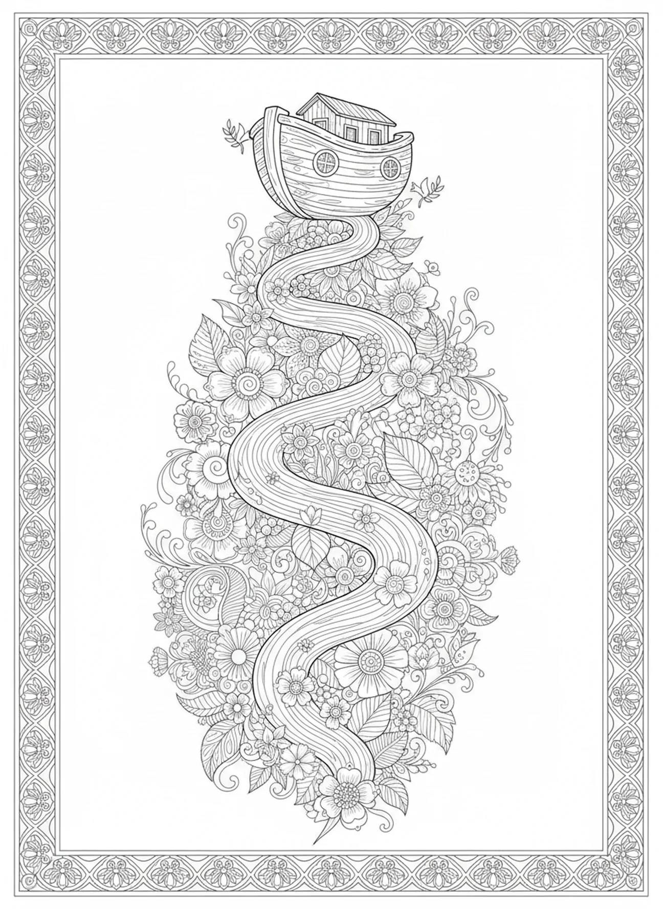 Chemin sinueux avec des fleurs menant à l'arche, Lamentations 3:22 page à colorier pour adultes dans un style de journal biblique.