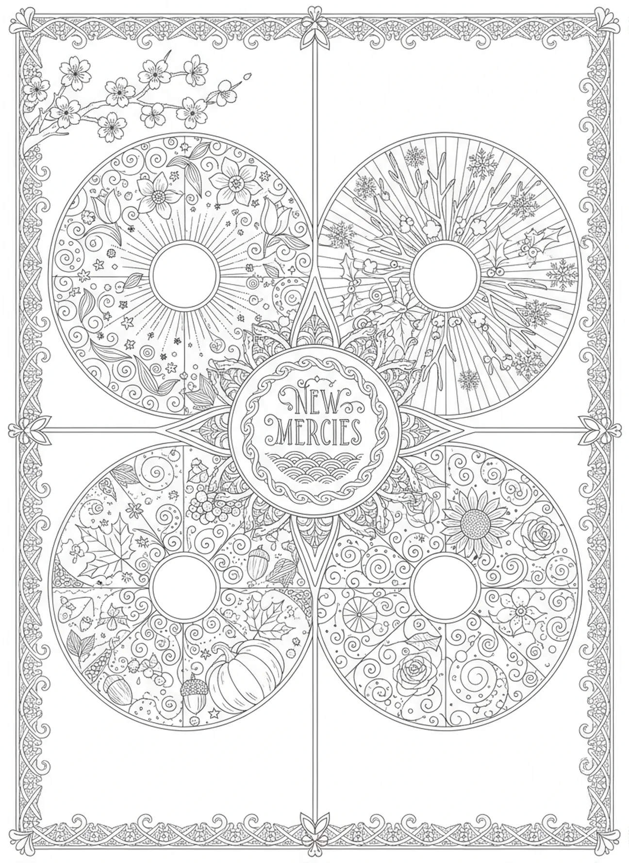 Quatre quadrants des saisons, Lamentations 3:22 page à colorier pour adultes dans un style de journal biblique.