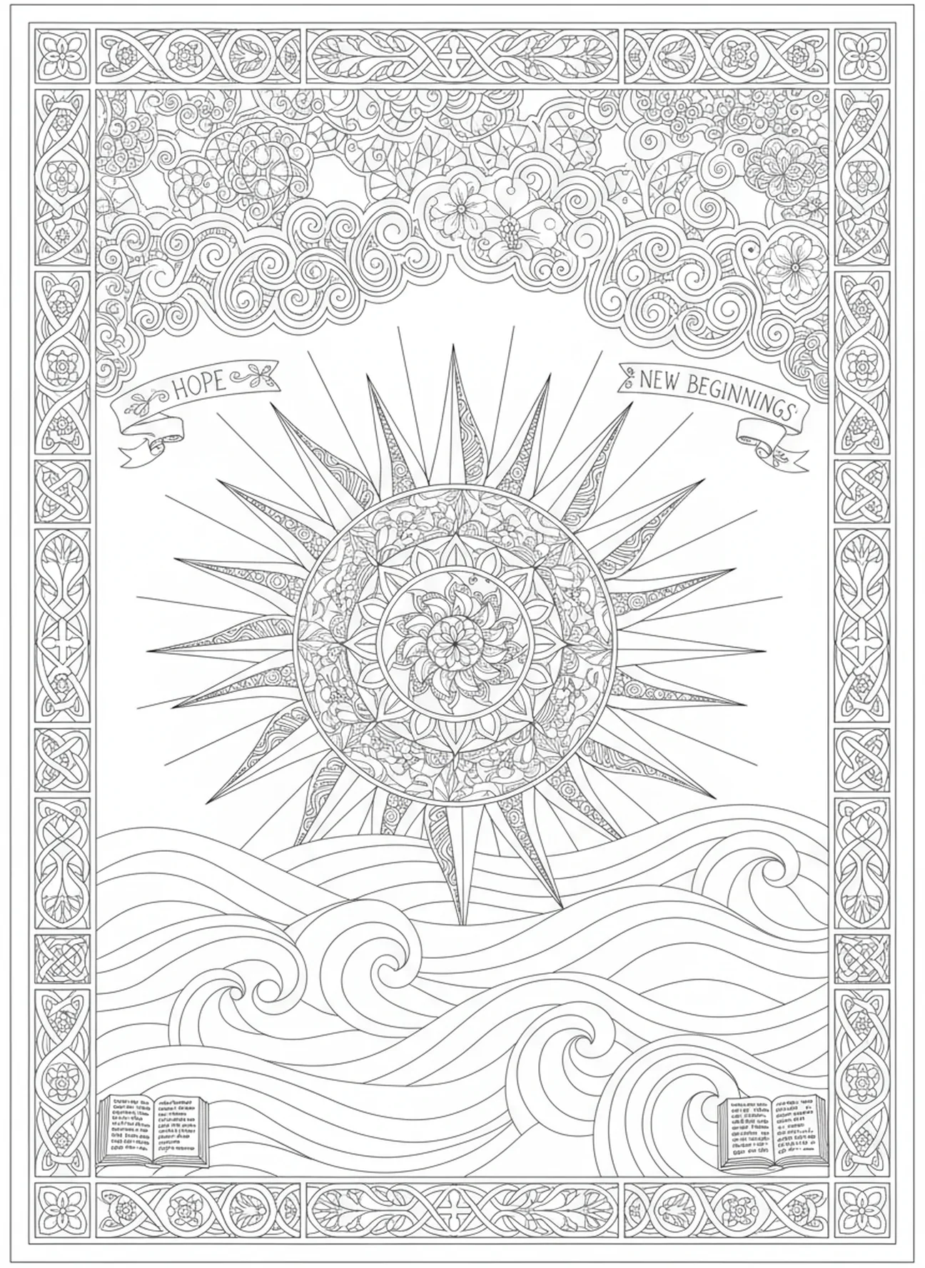 Lever de soleil radieux sur les vagues, Lamentations 3:22 page à colorier pour adultes dans un style de journal biblique.