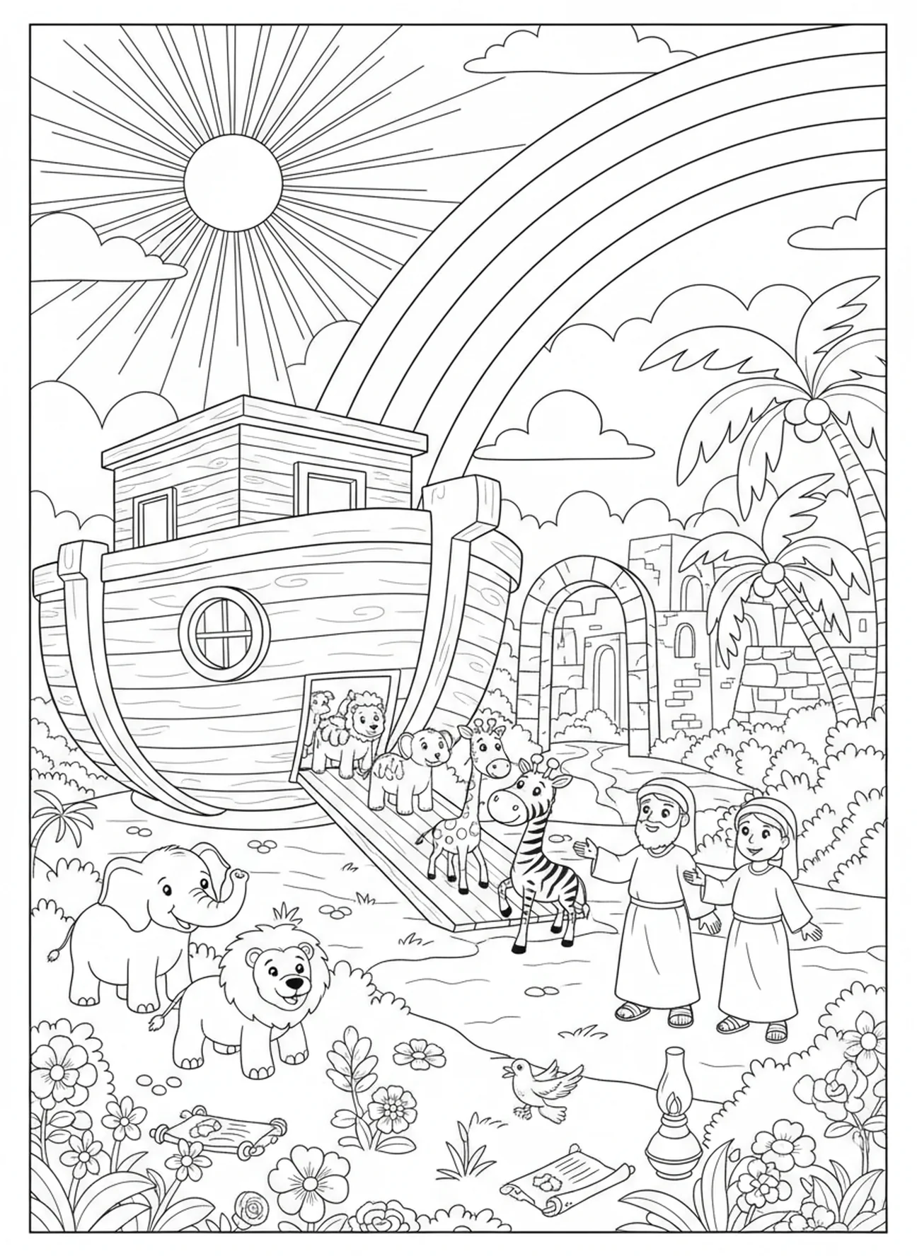 De landing van de ark van Noach, Klaagliederen 3:22 Nieuwe Genade kleurplaat voor Zondagsschool kinderen van 5-12 jaar.