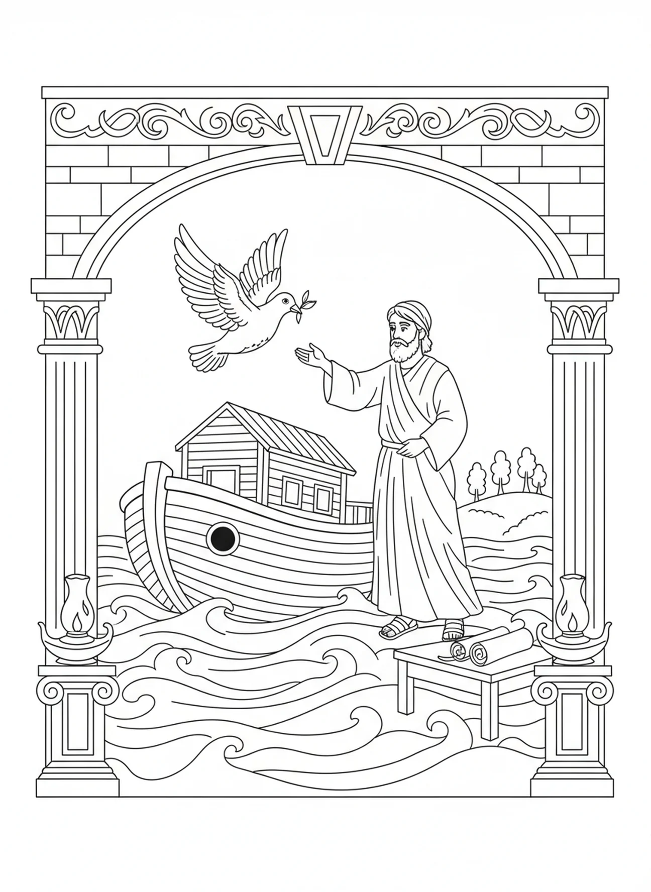 Duif met olijftak, Klaagliederen 3:22 Nieuwe Genade kleurplaat voor Zondagsschool kinderen van 5-12 jaar.