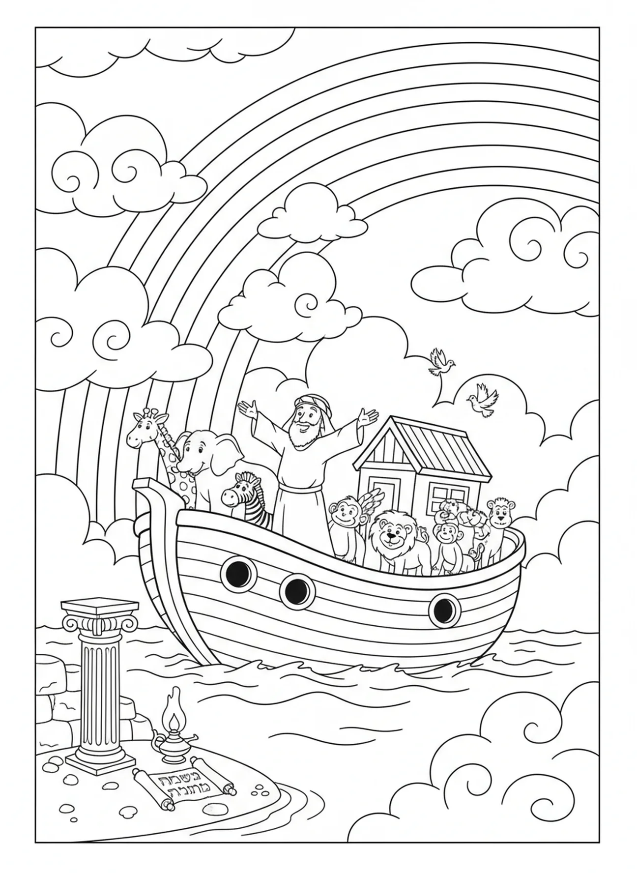 Regenboog boven de ark van Noach, Klaagliederen 3:22 Nieuwe Barmhartigheden kleurplaat voor Zondagsschool kinderen van 5-12 jaar.