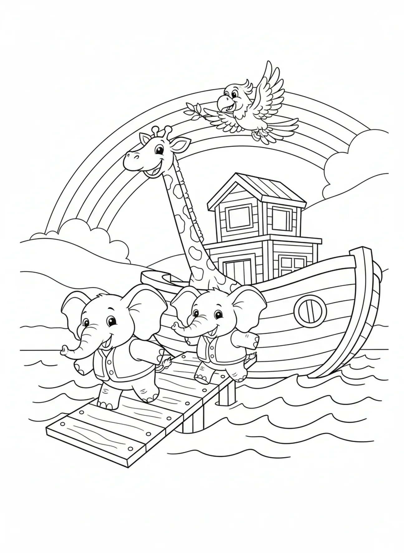 Deux éléphants montent à bord de l'arche, page à colorier Lamentations 3:23 pour les enfants de 5 à 10 ans
