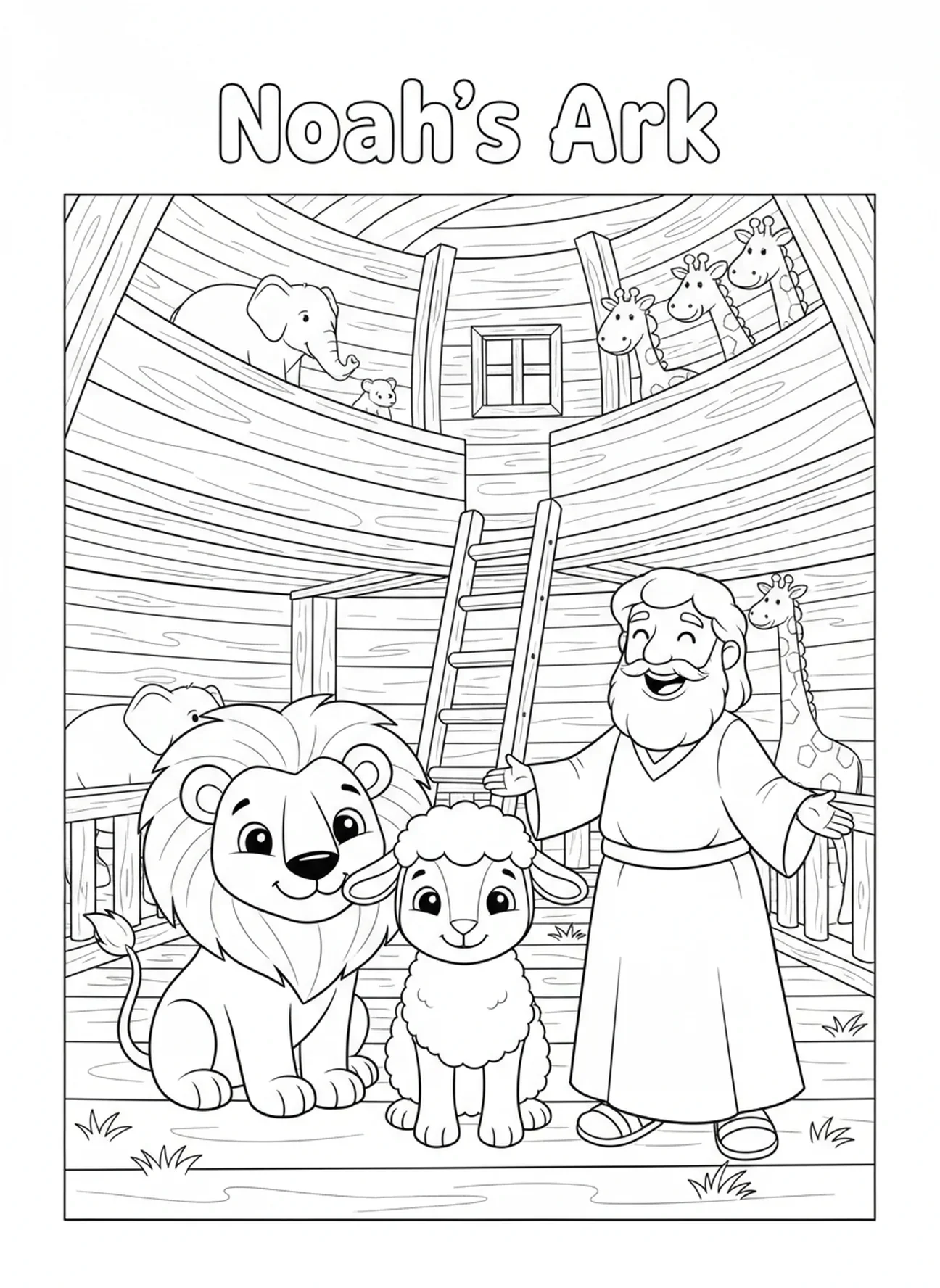 Lion et agneau dans l'arche, Lamentations 3:23 page à colorier pour enfants de 5 à 10 ans