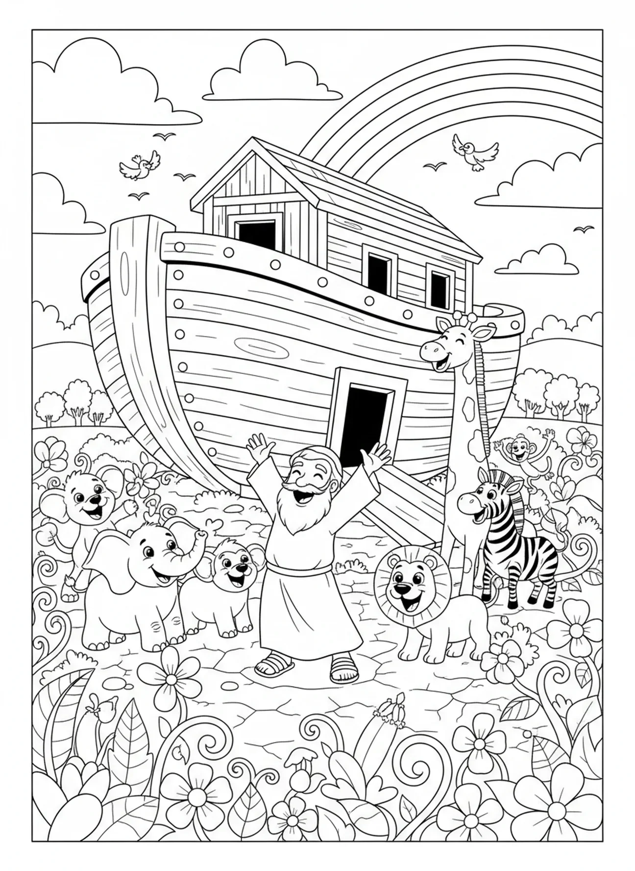 Noé et les animaux célébrant, Lamentations 3:23 page à colorier pour enfants de 5 à 10 ans