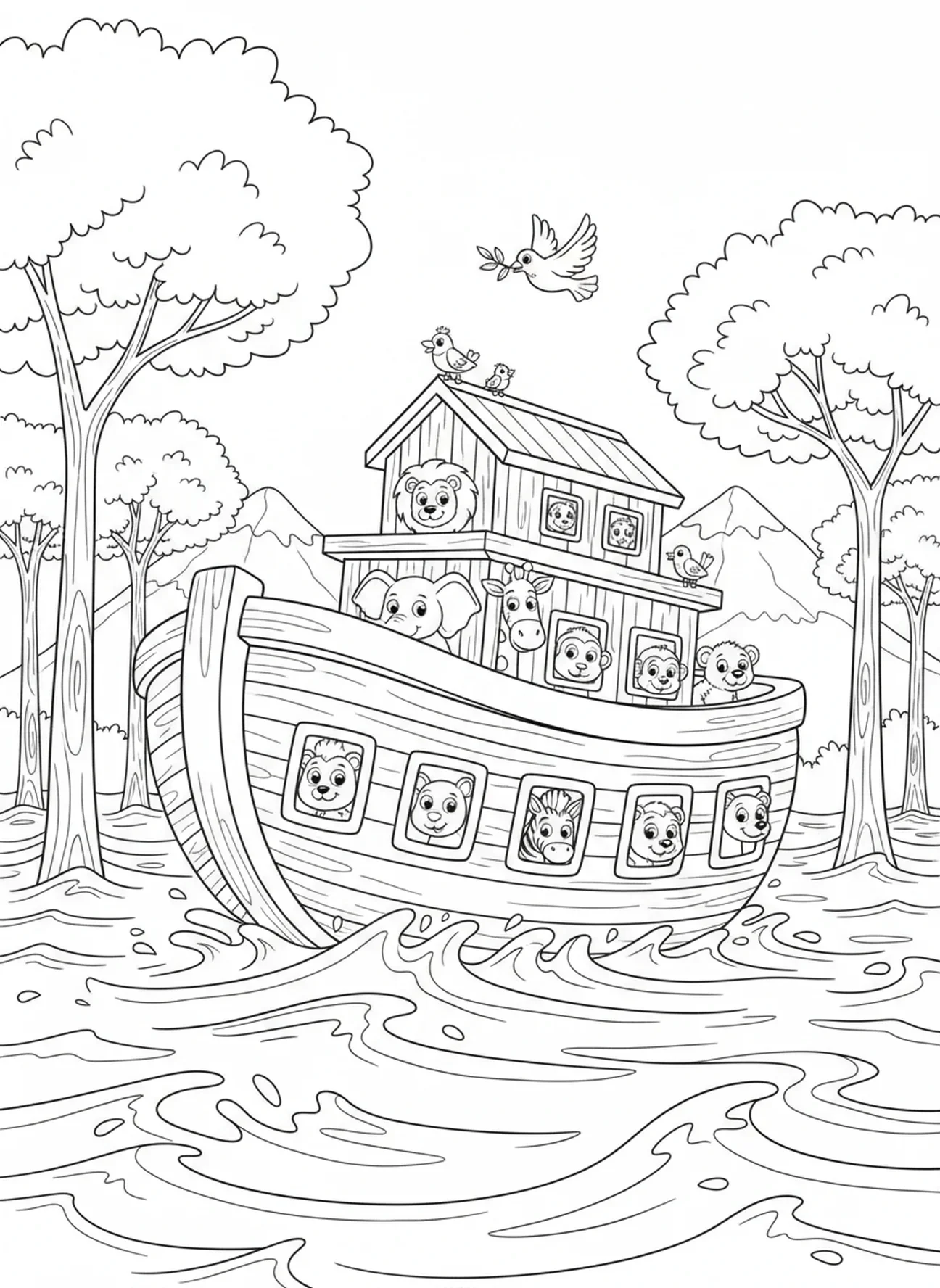 L'arche de Noé sur les eaux montantes, Lamentations 3:23 page à colorier pour enfants de 5 à 10 ans
