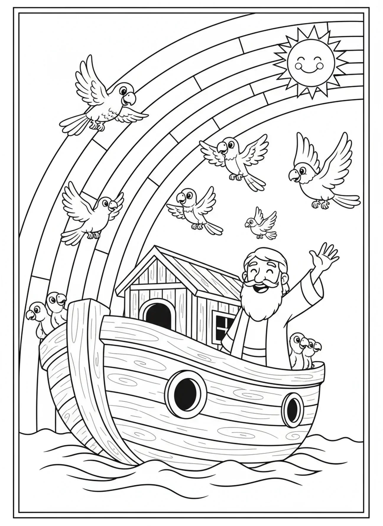 Arc-en-ciel au-dessus de l'arche de Noé, page à colorier Lamentations 3:23 pour enfants de 5 à 10 ans