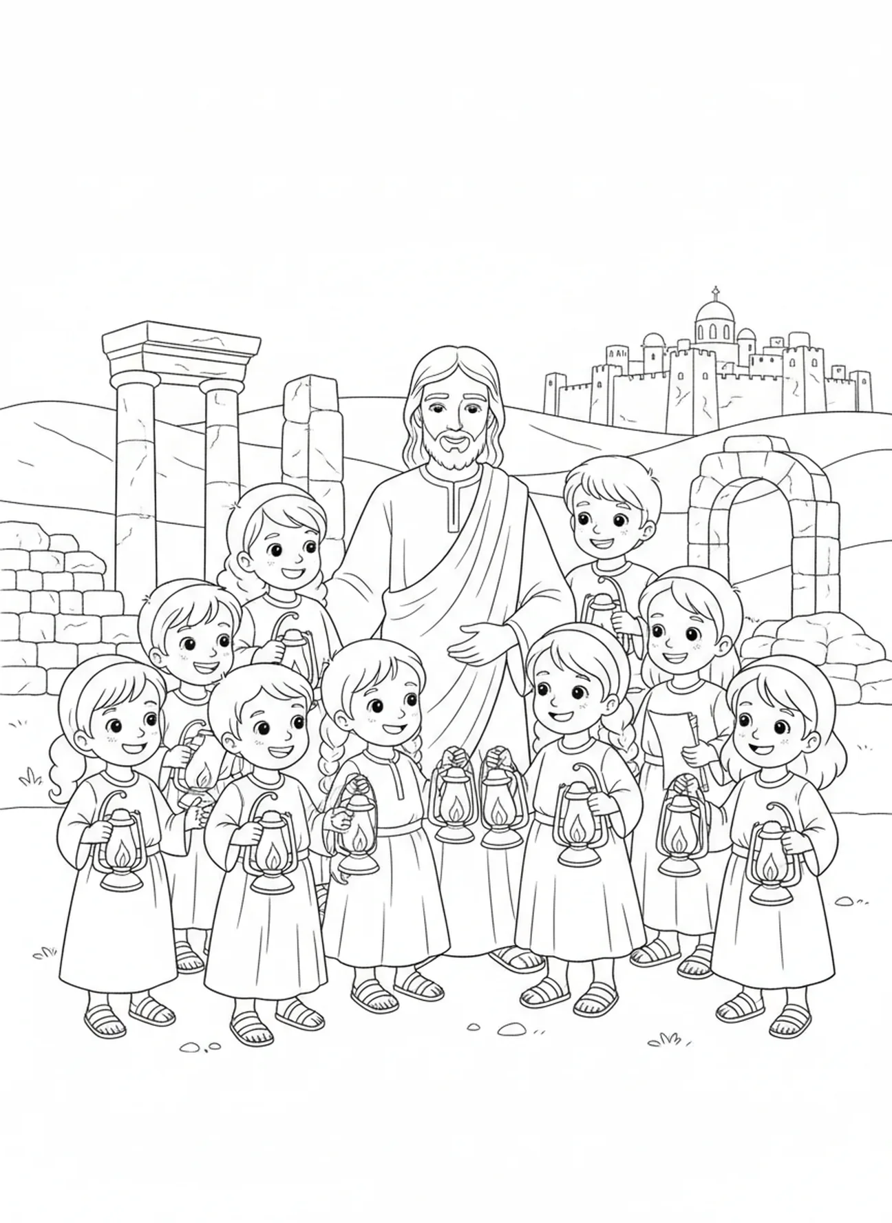 Enfants entourant Jésus, page à colorier Lumière du Monde pour les enfants de l'École du dimanche âgés de 5 à 12 ans.