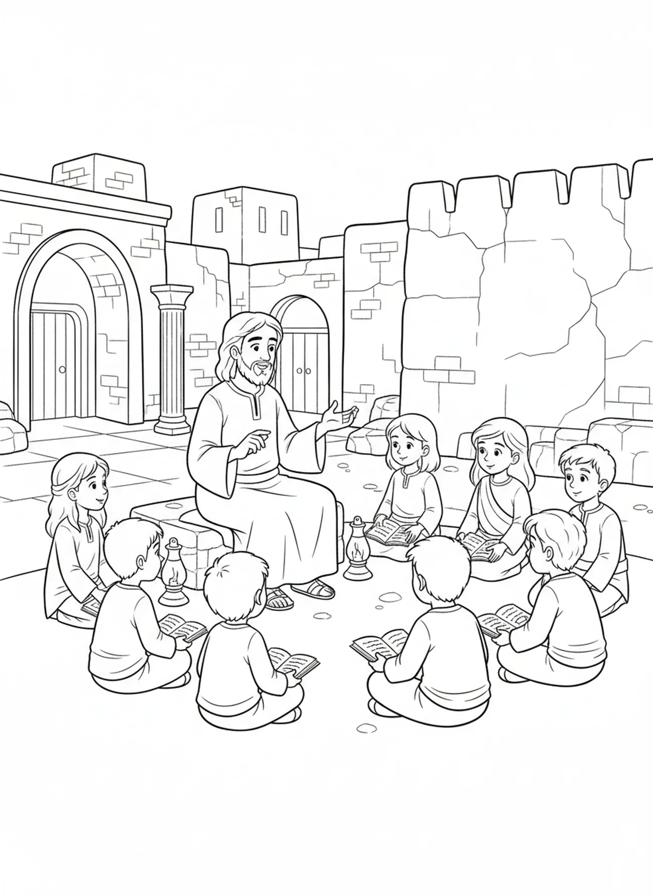 Disciples écoutant Jésus, page à colorier Lumière du Monde pour les enfants de l'École du dimanche âgés de 5 à 12 ans.