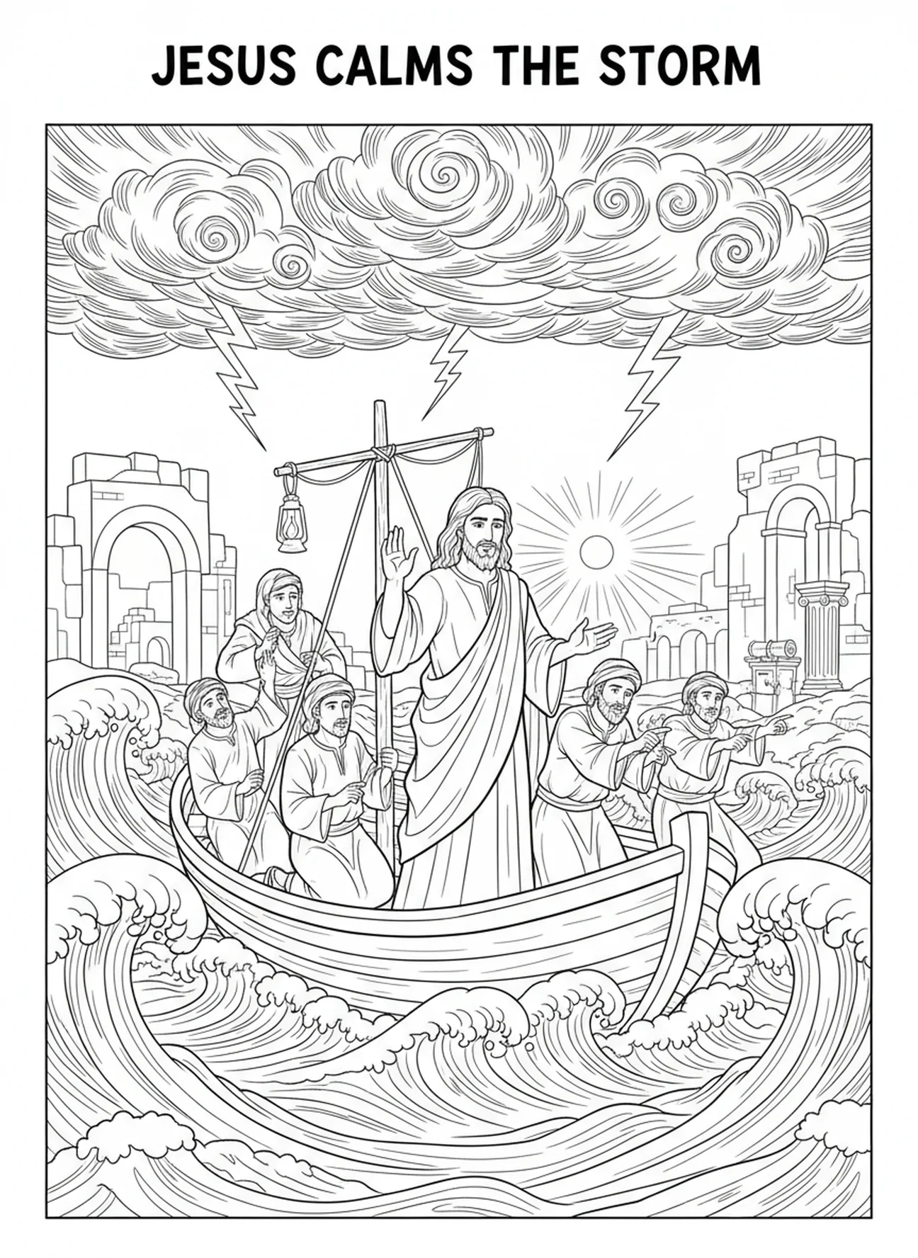Jésus apaisant la tempête, page à colorier Lumière du Monde pour les enfants de l'École du dimanche âgés de 5 à 12 ans.