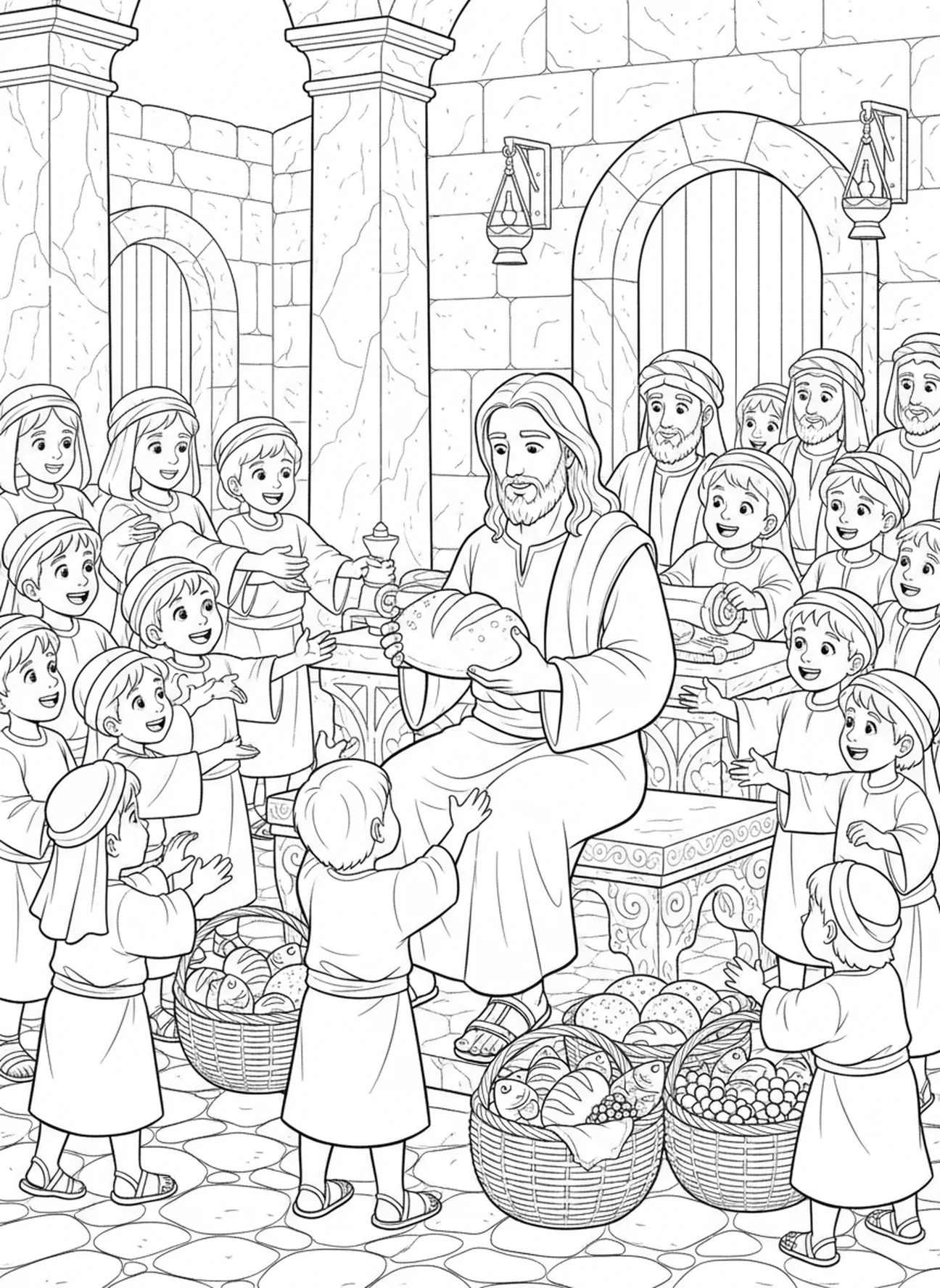 Jésus nourrissant une foule, page à colorier Lumière du Monde pour les enfants de l'École du dimanche âgés de 5 à 12 ans.
