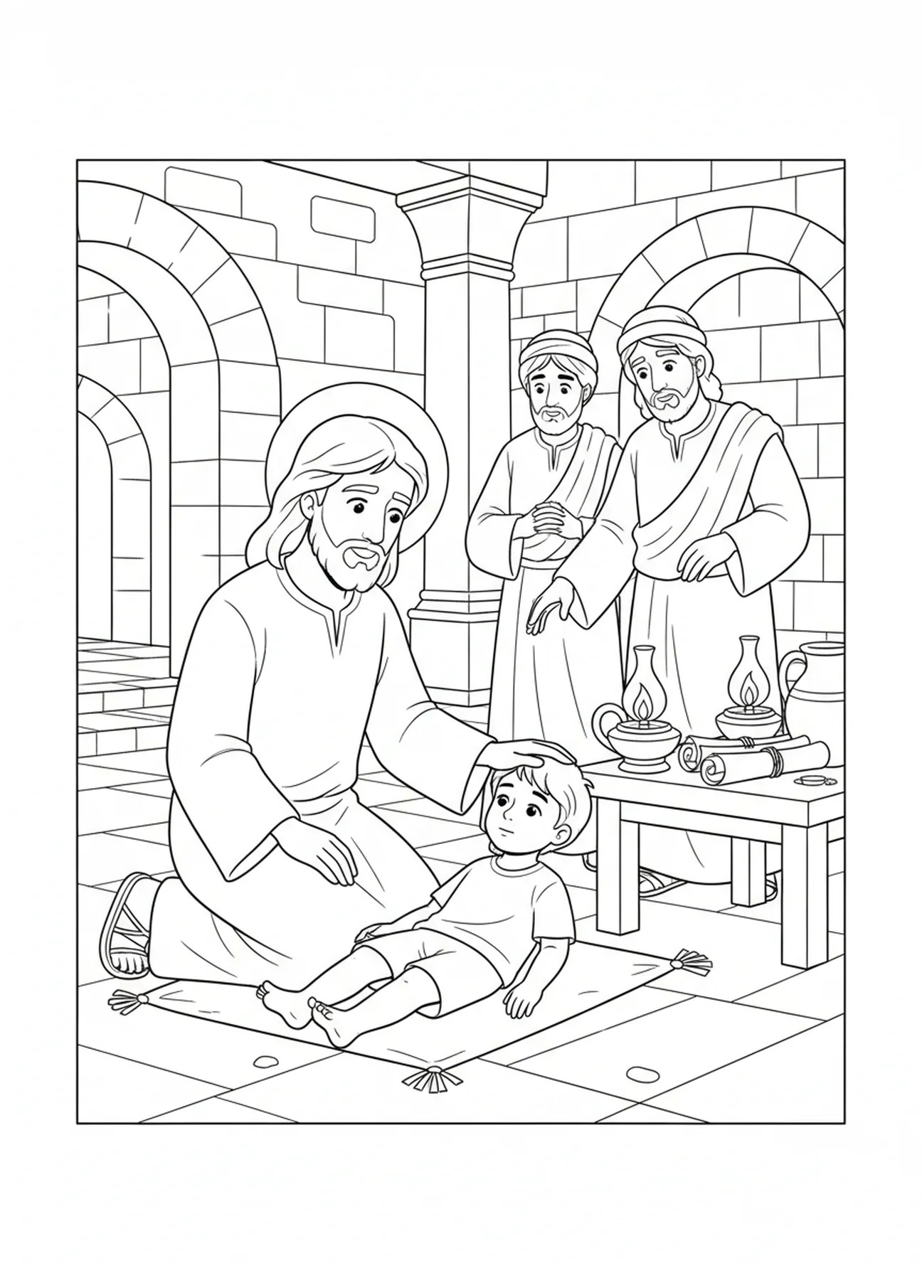 Jésus guérissant un enfant malade, page à colorier Lumière du Monde pour les enfants de l'École du dimanche âgés de 5 à 12 ans.
