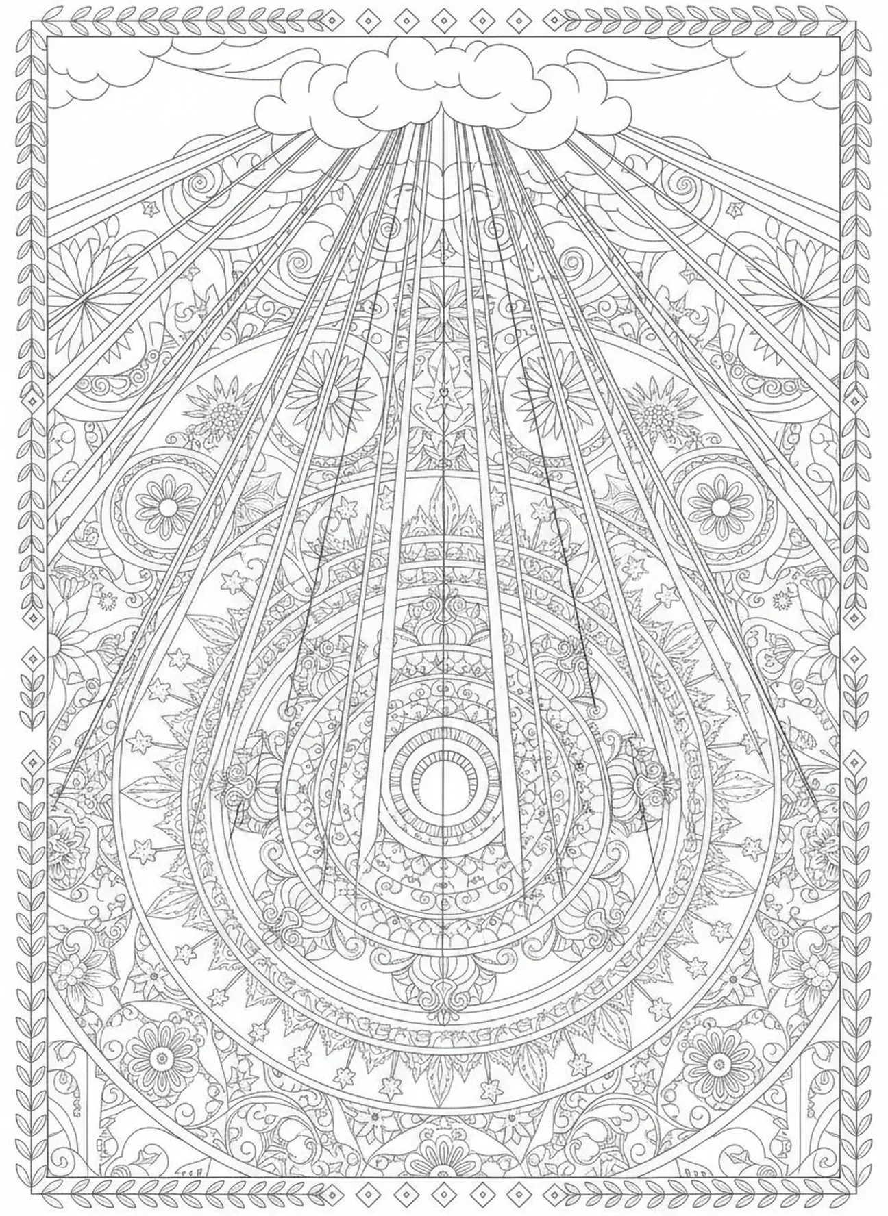 Raio de luz celestial, página de colorir do Pai Nosso para adultos no estilo de journaling bíblico.
