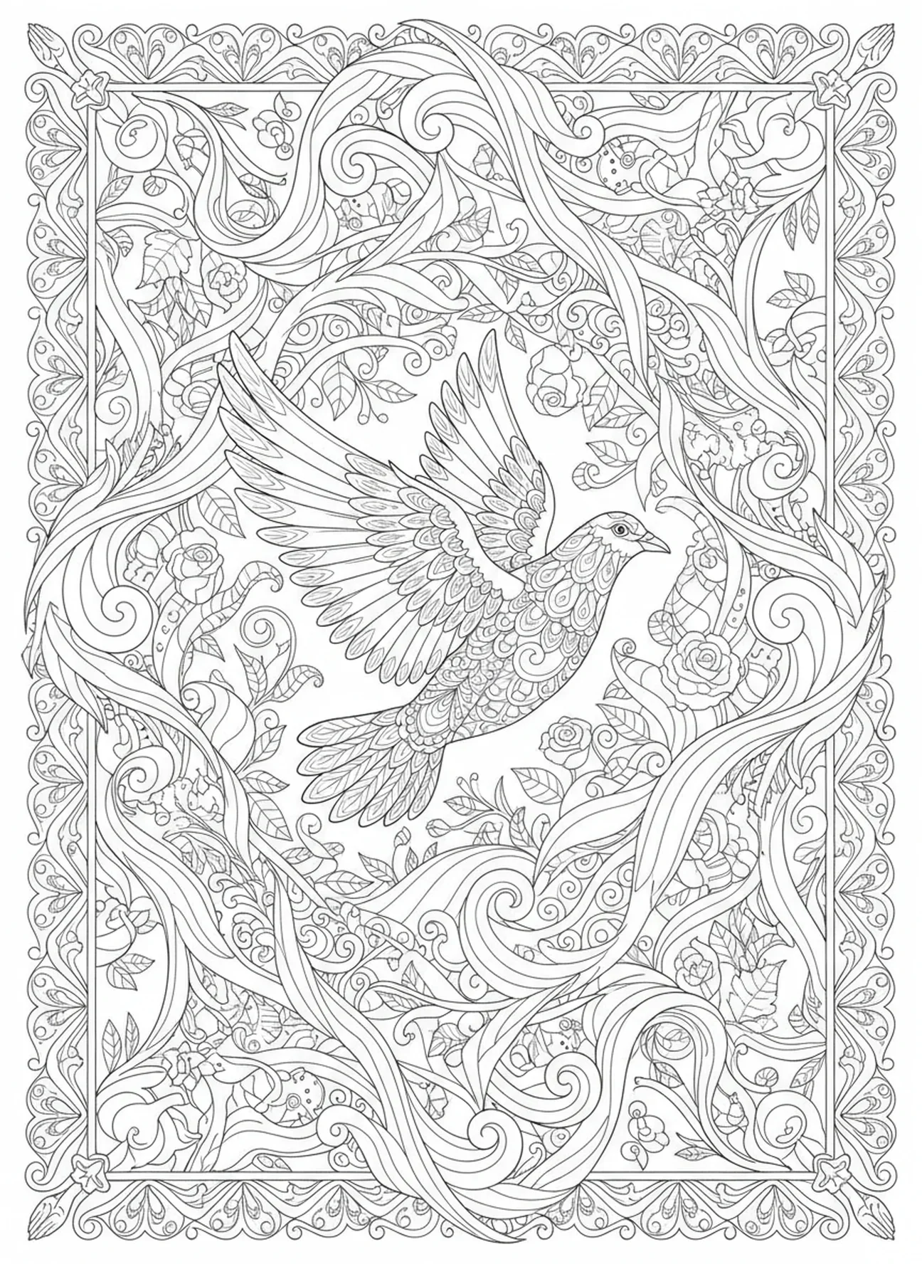 Pomba em voo, página para colorir do Pai Nosso para adultos no estilo de journaling bíblico.