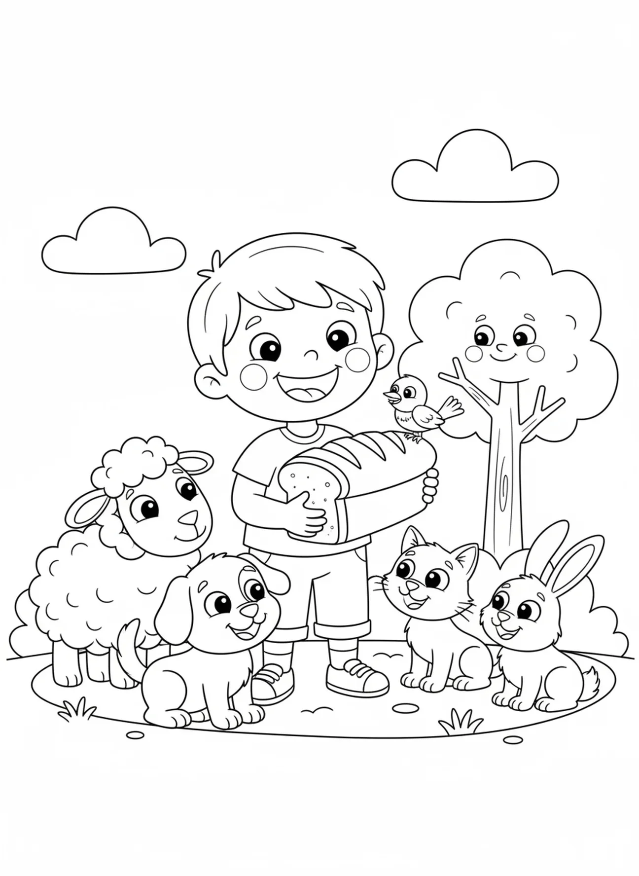 Niño compartiendo pan con animales, página para colorear del Padre Nuestro para niños de 5 a 10 años