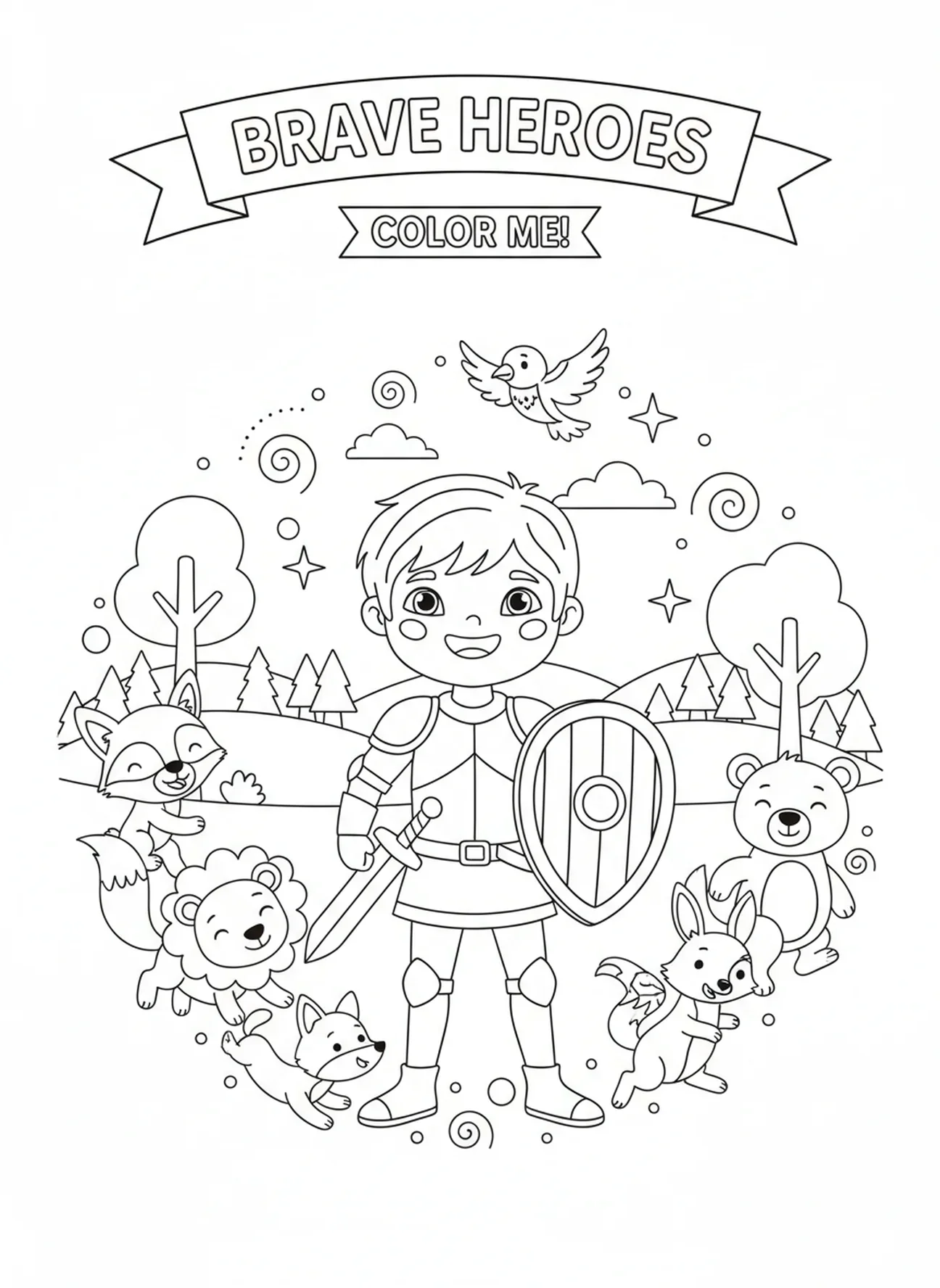 Niño valiente con escudo y animales, página para colorear del Padre Nuestro para niños de 5 a 10 años