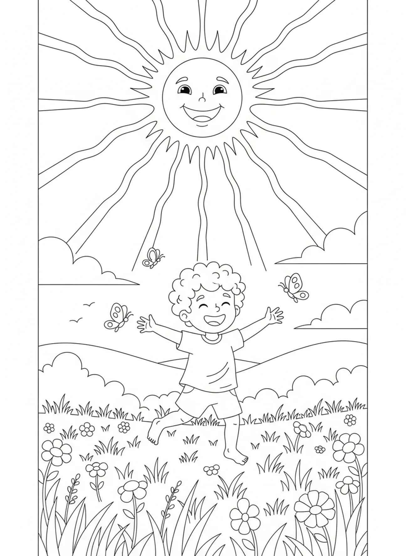 Sol sonriente brillando sobre un niño, página para colorear del Padre Nuestro para niños de 5 a 10 años