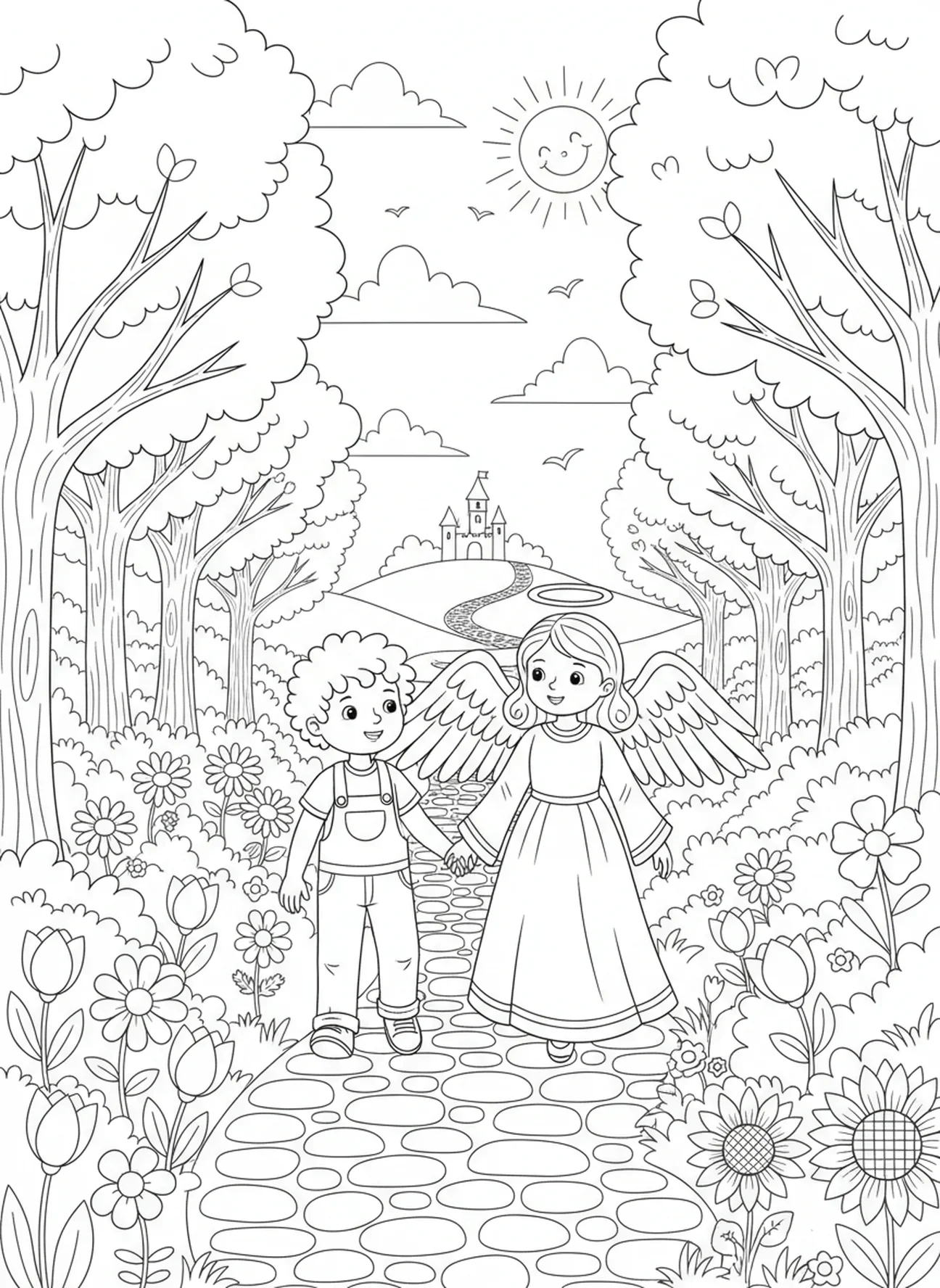 Niño caminando con un ángel guardián, página para colorear del Padre Nuestro para niños de 5 a 10 años