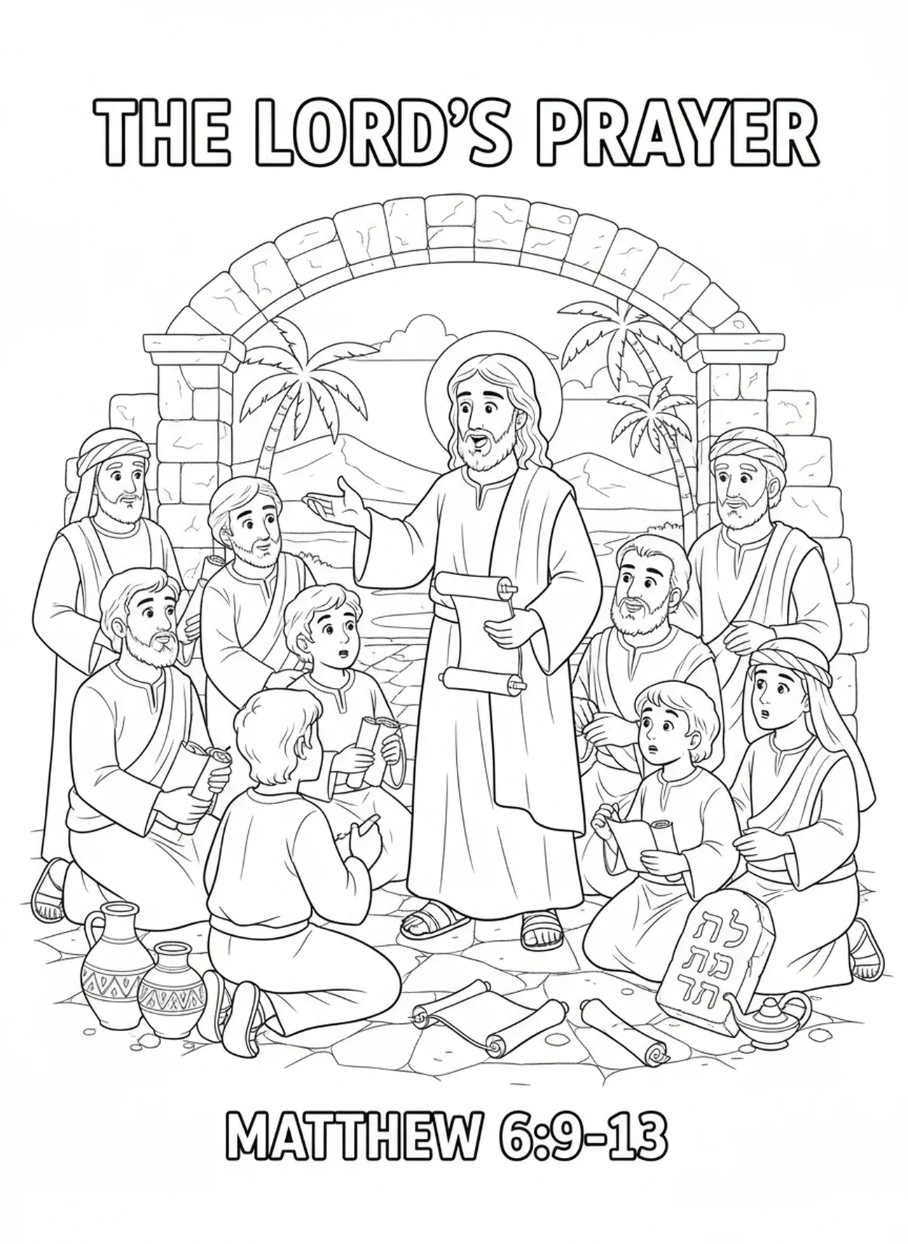 Jesus explicando a oração, página para colorir do Pai Nosso para crianças de 5 a 12 anos na Escola Dominical