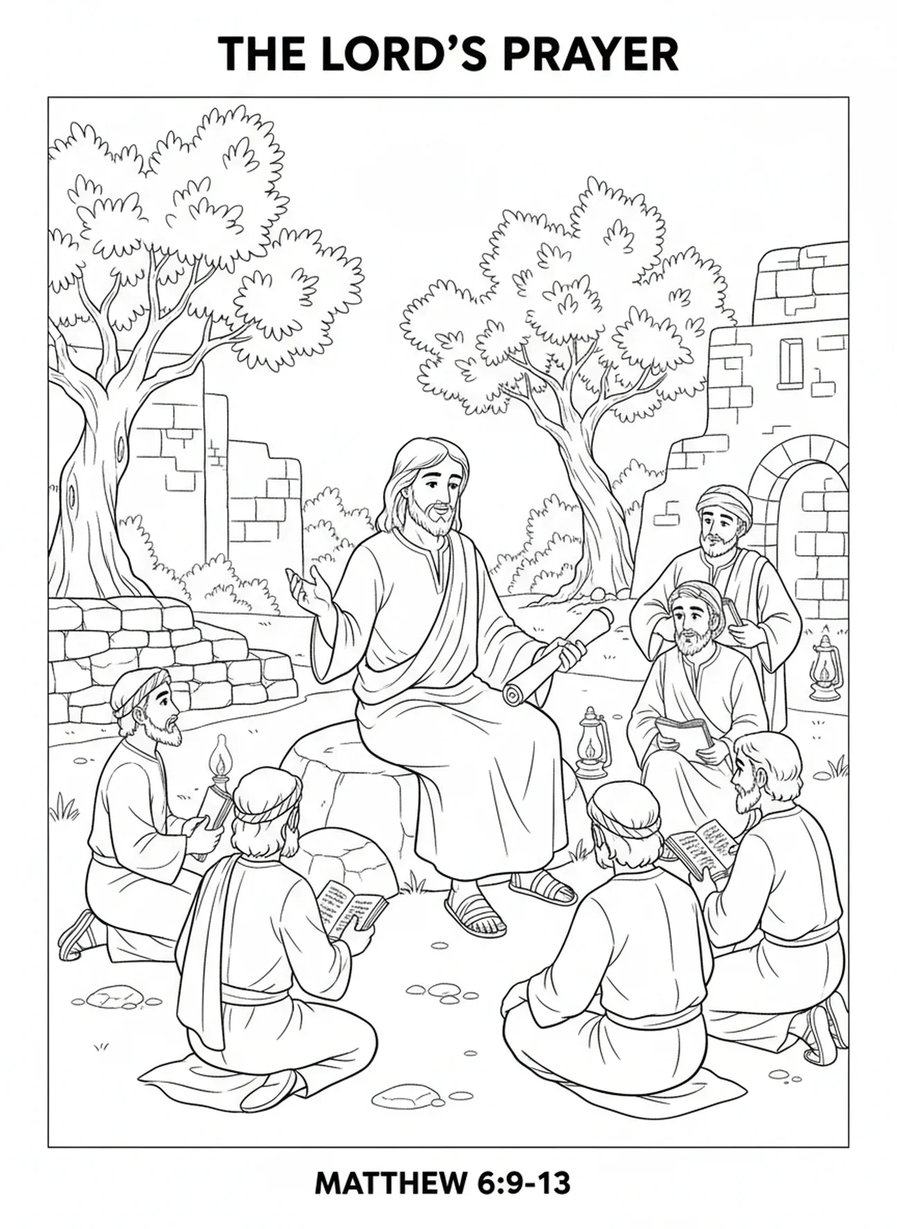 Jesus ensinando, página de colorir do Pai Nosso para crianças da Escola Dominical de 5 a 12 anos