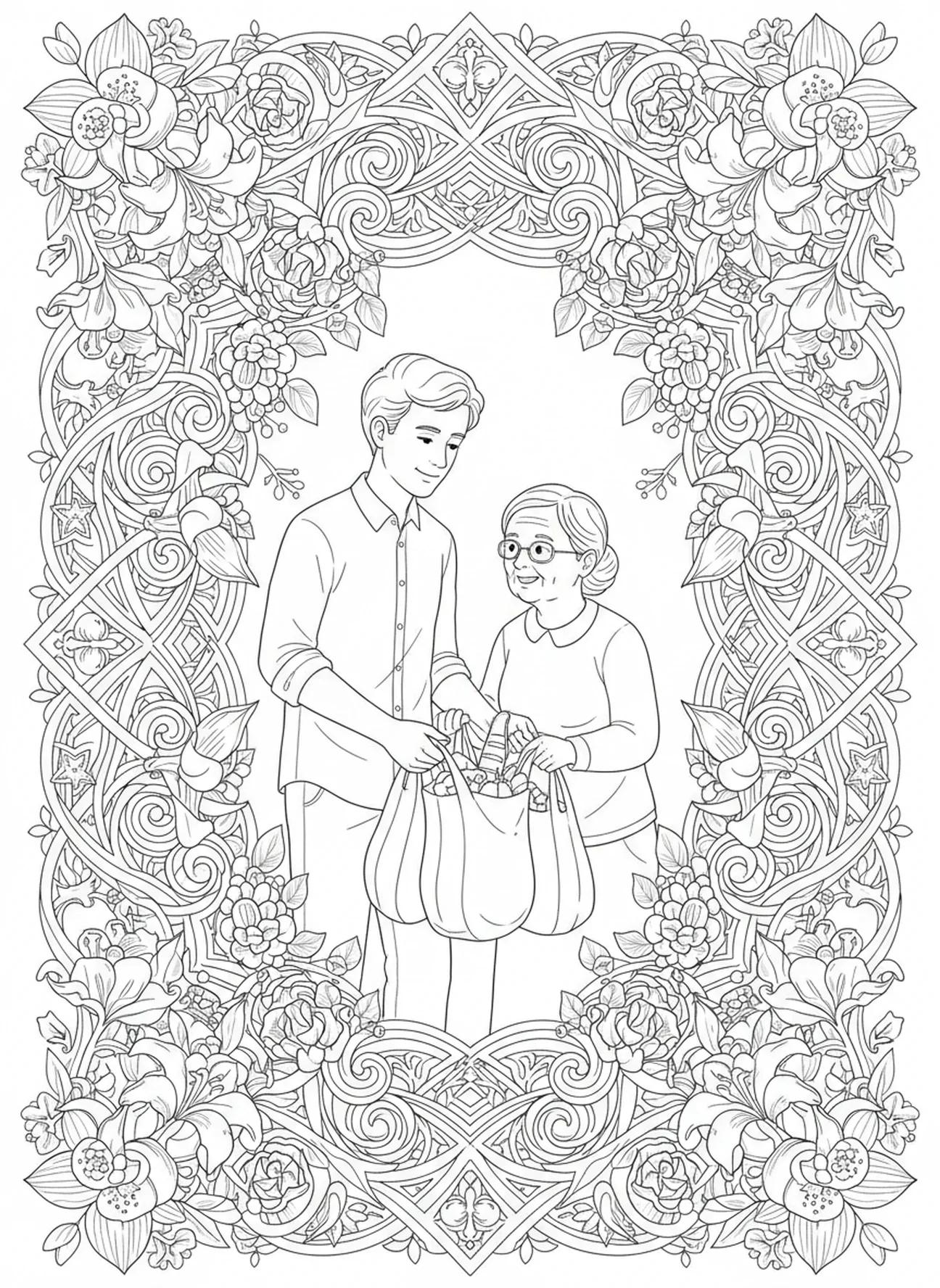 Personne aidant un voisin âgé, page à colorier Aime ton prochain pour le journal biblique.