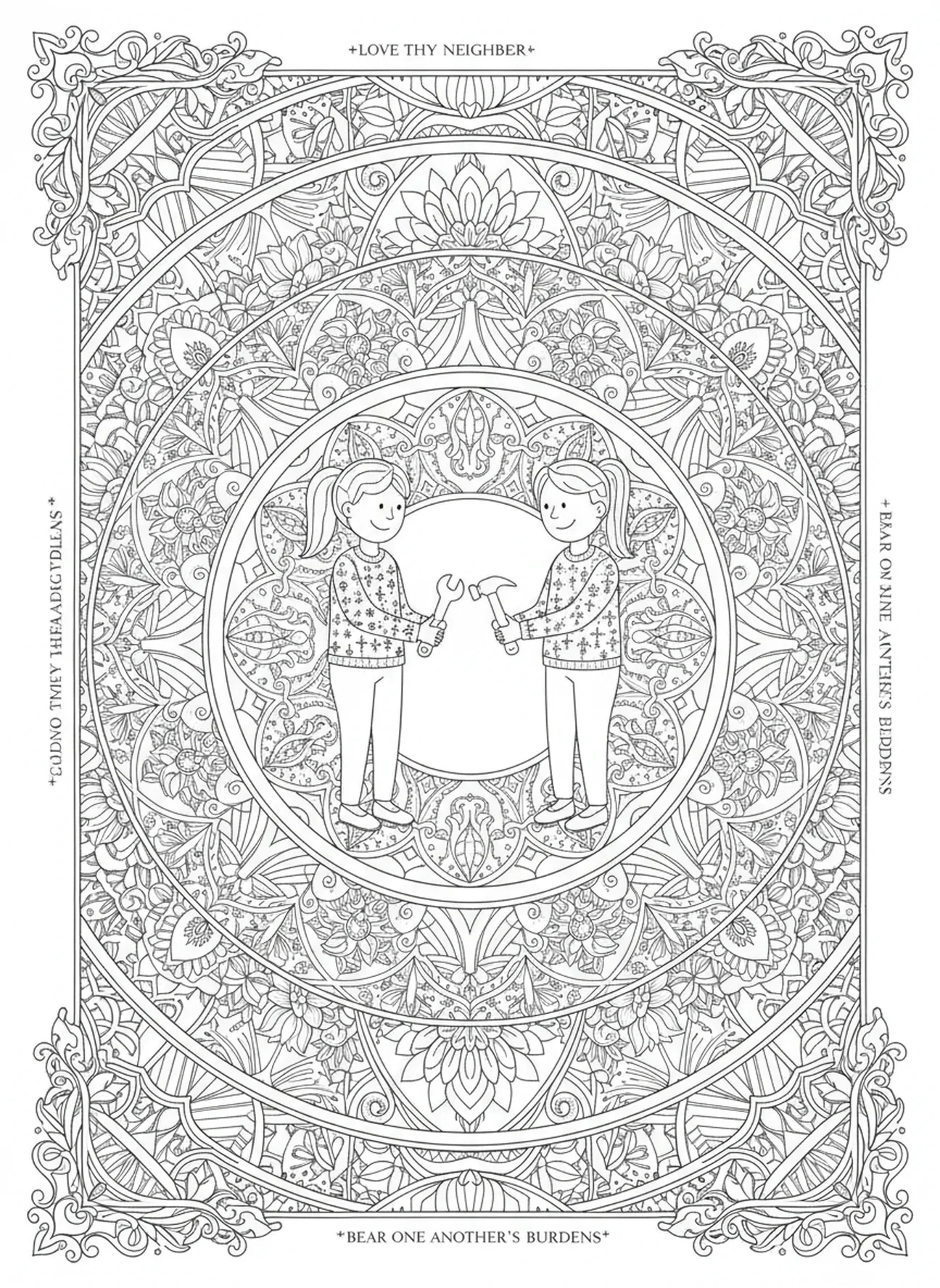 Voisins échangeant des outils, page à colorier Aime ton Prochain pour le journal biblique.