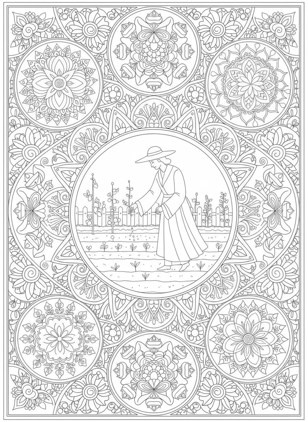 Jardinier plantant des graines, page à colorier Aime ton prochain pour le journal biblique des adultes.