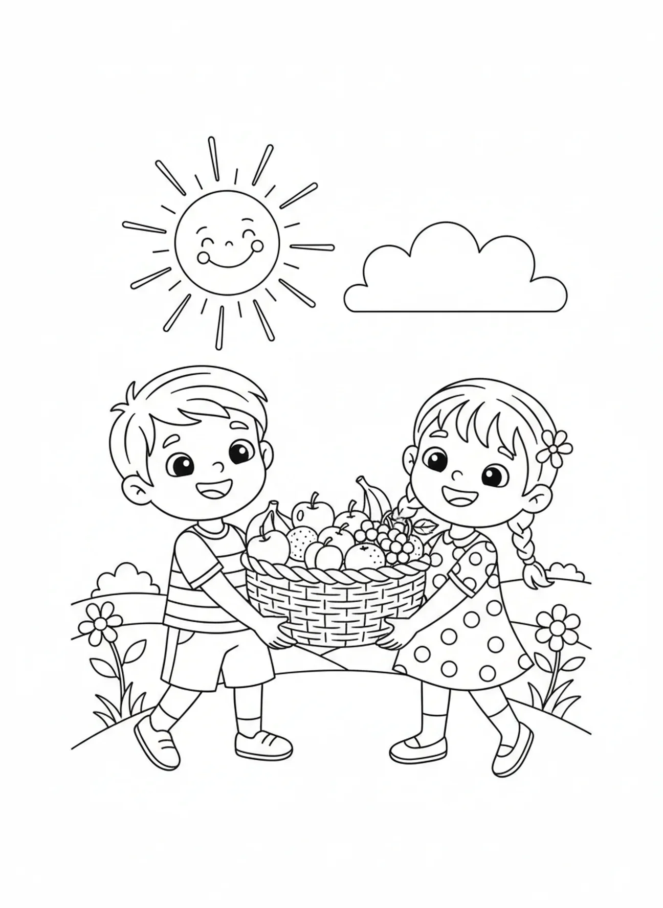 Deux enfants portant un panier, page à colorier Aime ton prochain pour les enfants de 5 à 10 ans