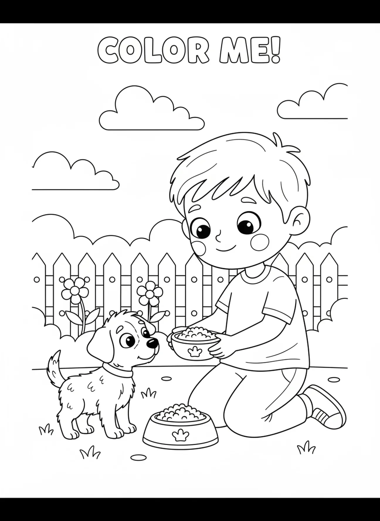 Enfant nourrissant un chiot errant, page à colorier Aime ton prochain pour les enfants de 5 à 10 ans