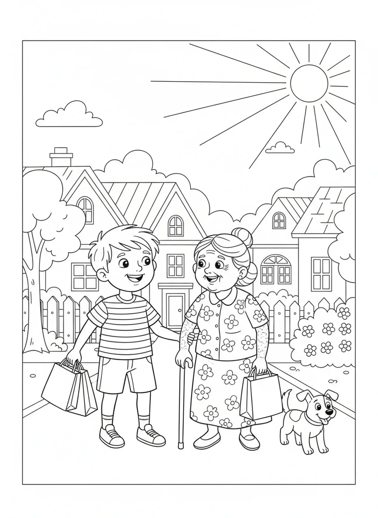 Enfant aidant un voisin âgé, page à colorier Aime ton prochain pour les enfants de 5 à 10 ans