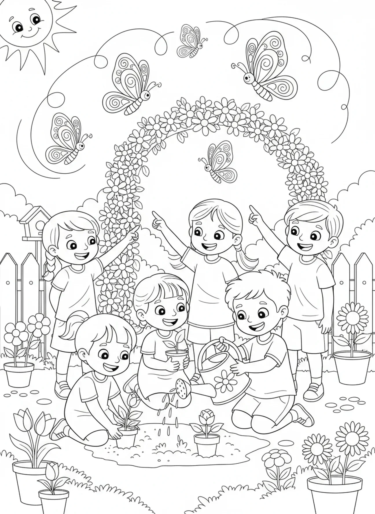 Enfants plantant des fleurs, page à colorier Aime ton prochain pour les enfants de 5 à 10 ans