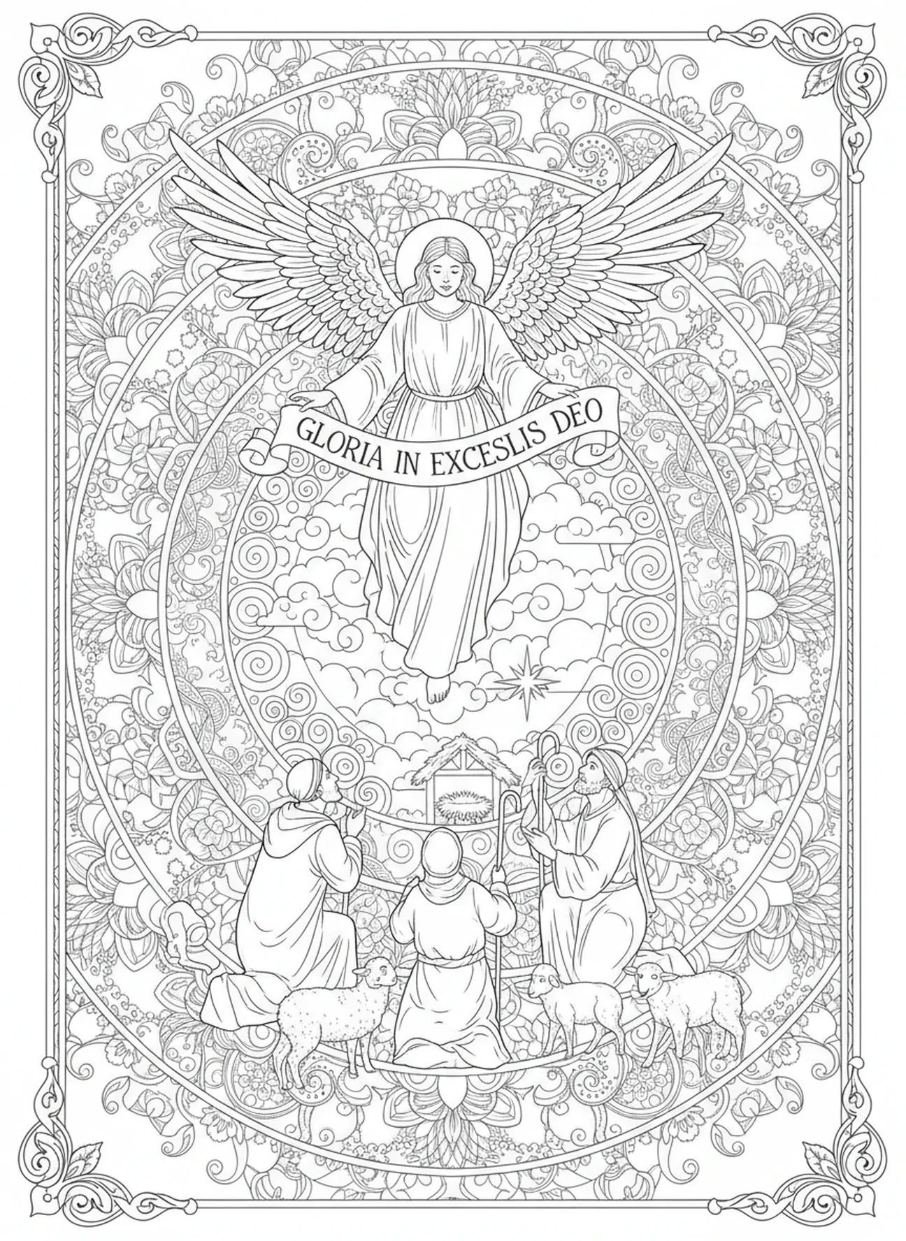 Anjo anunciando aos pastores, página para colorir Lucas 1:37 estilo de journaling bíblico para adultos