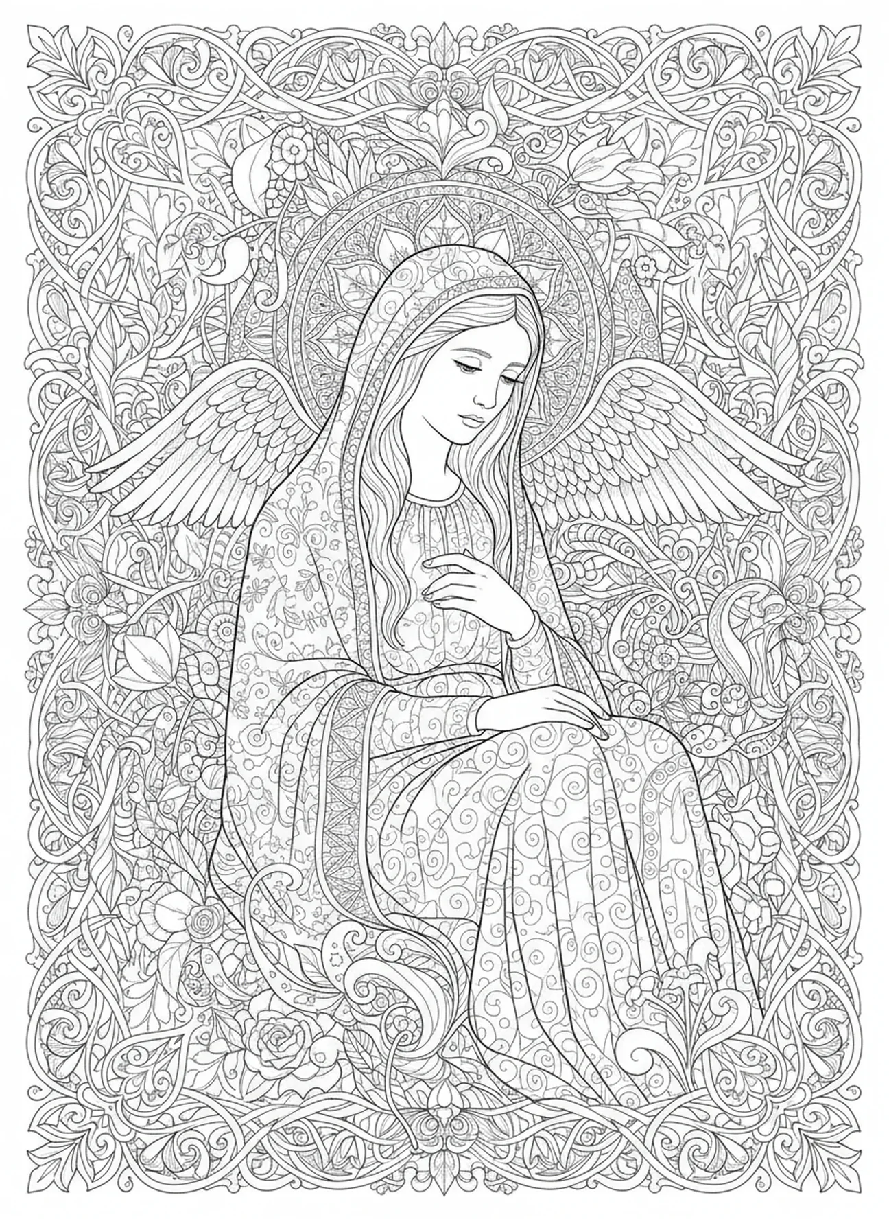 Maria contemplando a mensagem, Lucas 1:37 página para colorir no estilo de journaling bíblico para adultos