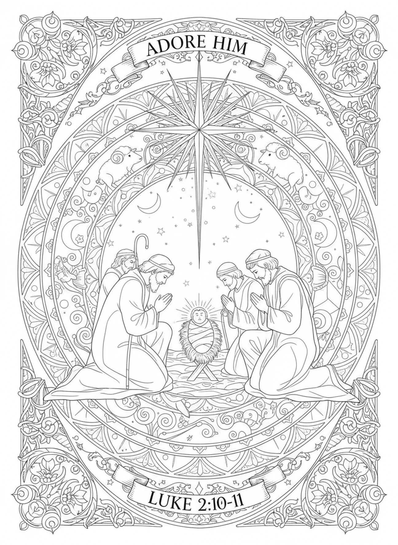 Pastores adorando o recém-nascido Jesus, página para colorir Lucas 1:37 estilo de journaling bíblico para adultos