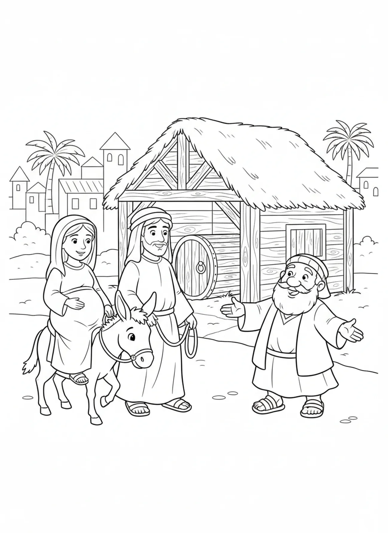 Maria e José chegando em Belém, página para colorir Lucas 1:37 para crianças de 5 a 10 anos.