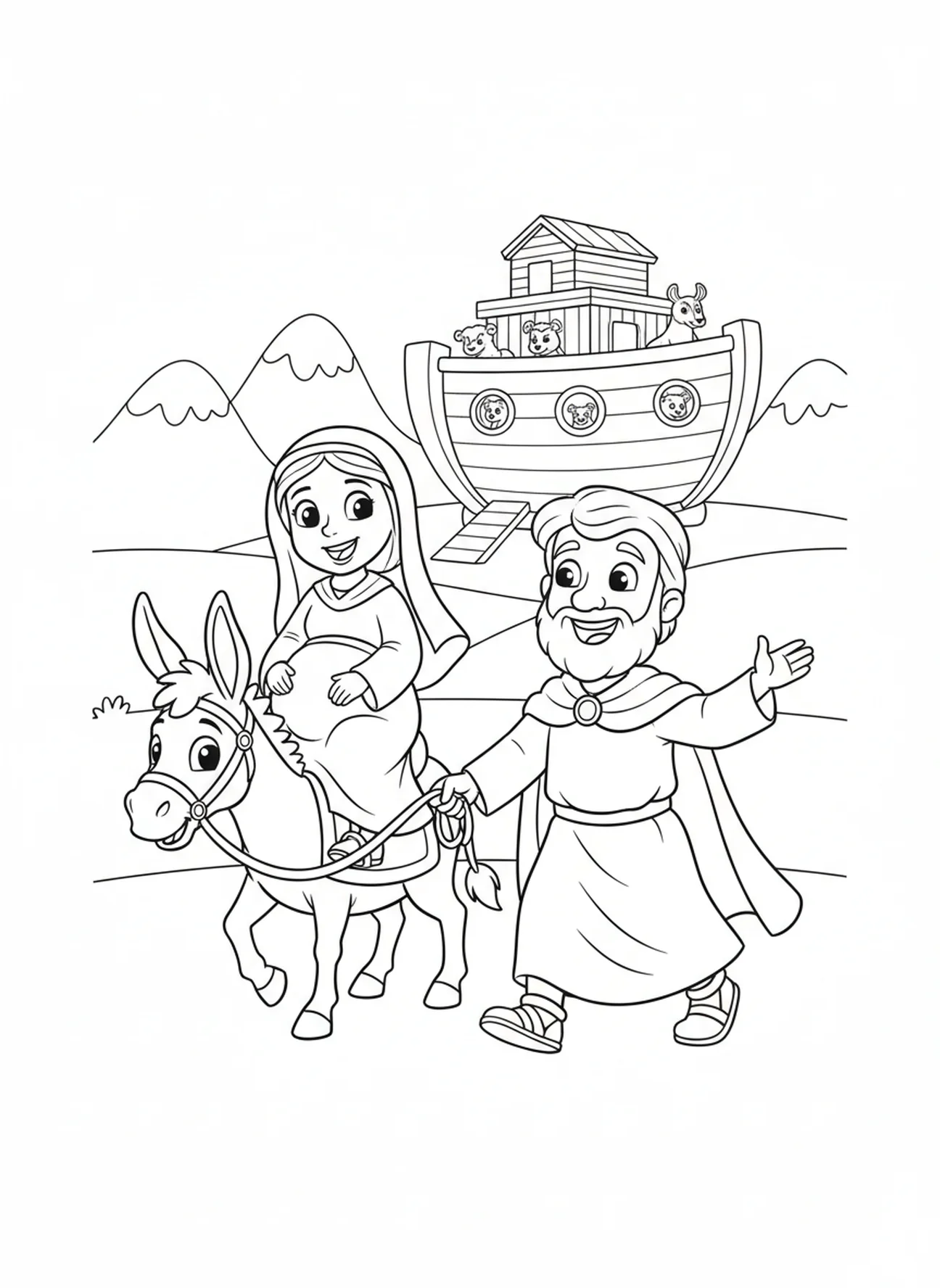 Maria e José viajando para Belém, página de colorir Lucas 1:37 para crianças de 5 a 10 anos.