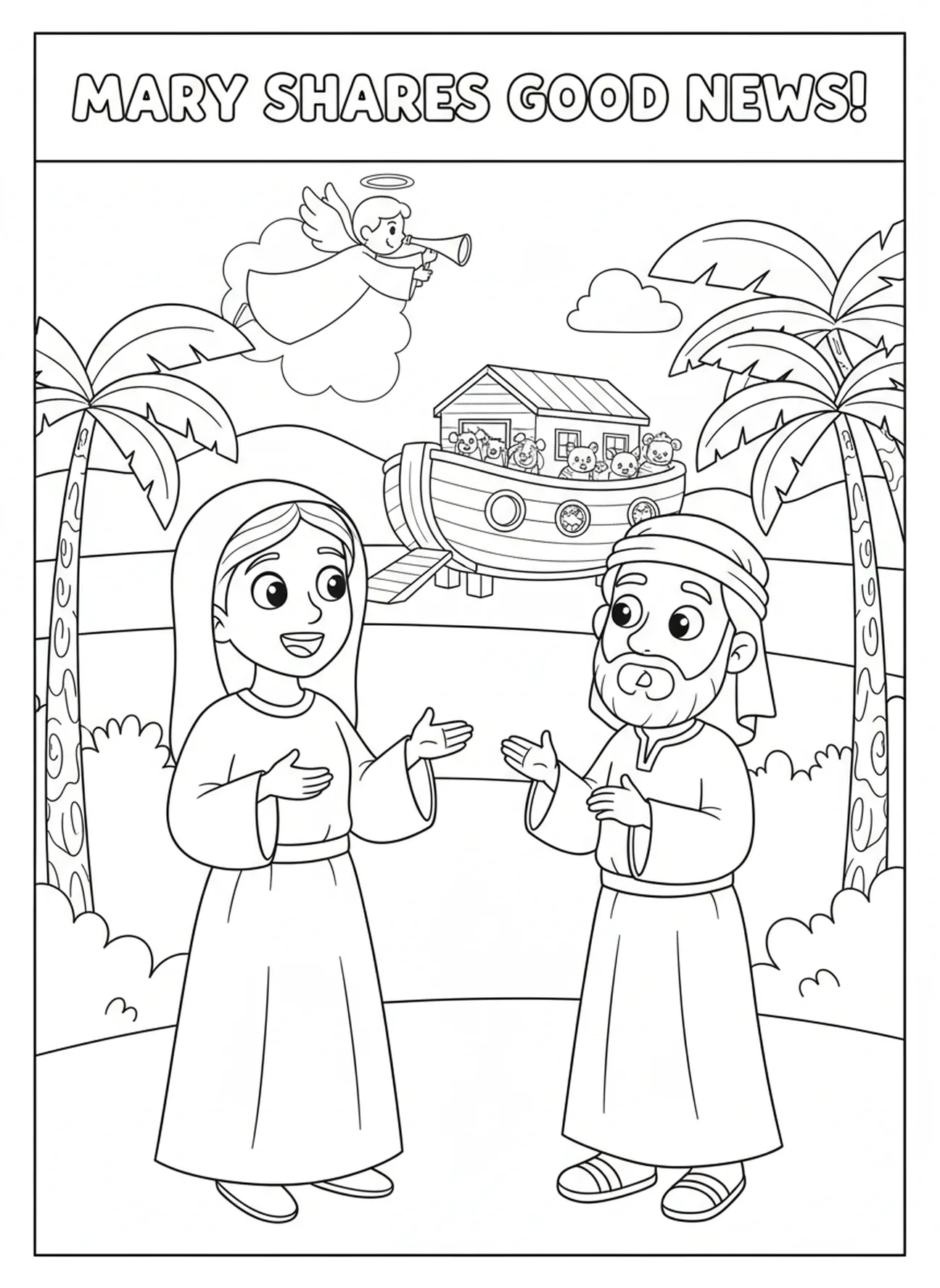 Maria contando alegremente a José, página de colorir Lucas 1:37 para crianças de 5 a 10 anos.