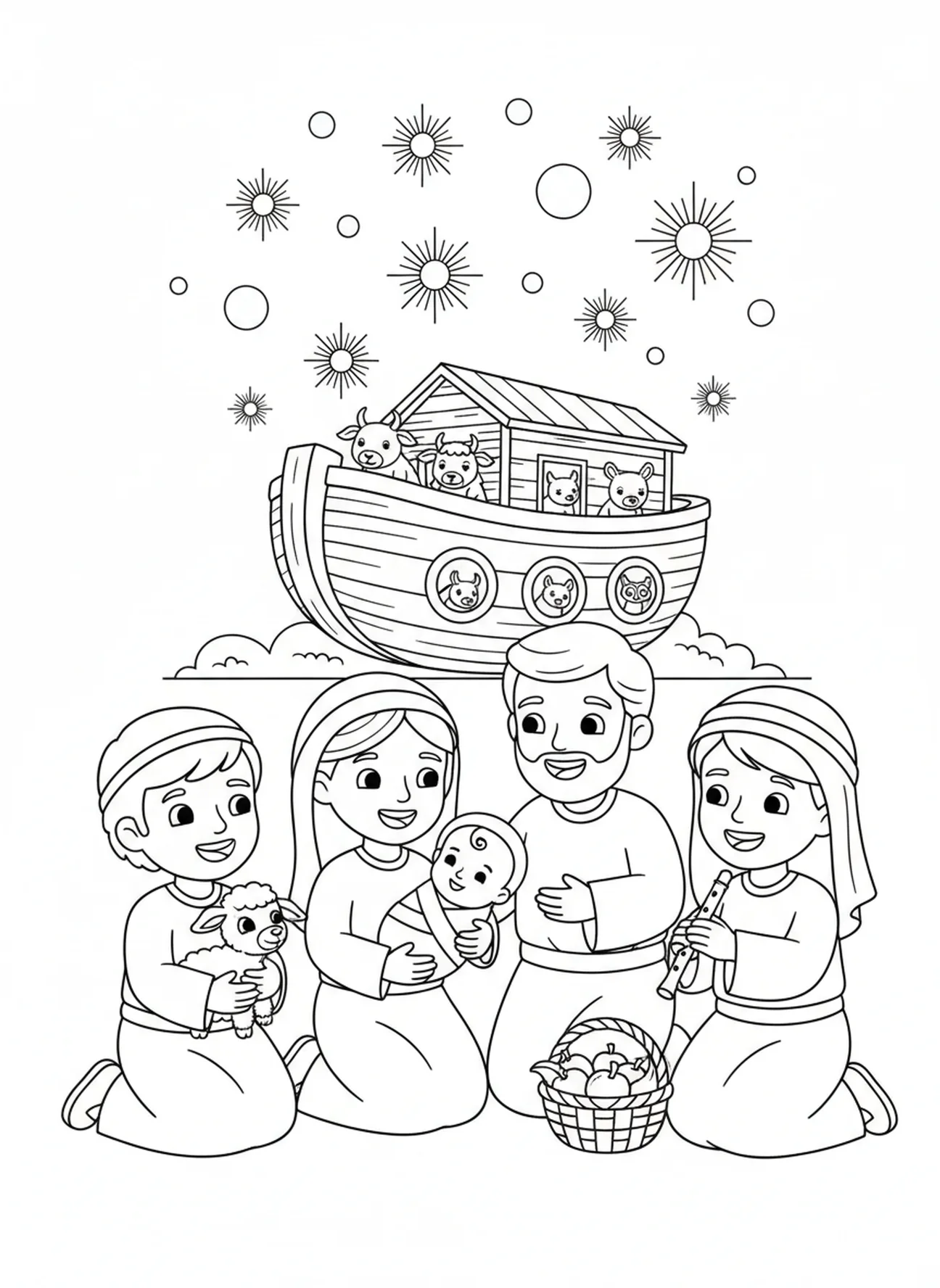 Pastores visitando Maria e José, página para colorir Lucas 1:37 para crianças de 5 a 10 anos.