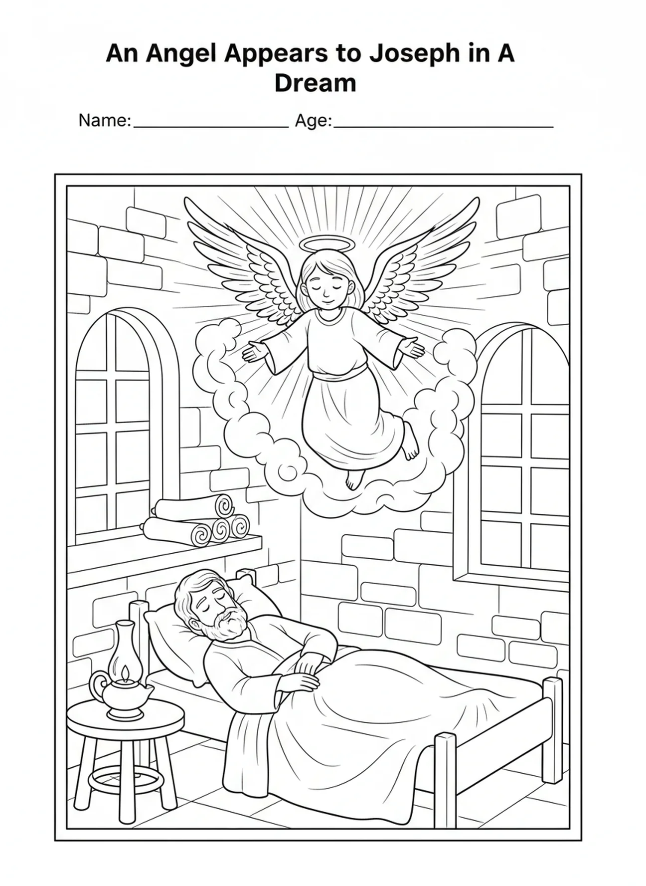 Anjo aparecendo a José em sonho, Lucas 1:37 página para colorir para crianças da Escola Dominical de 5 a 12 anos