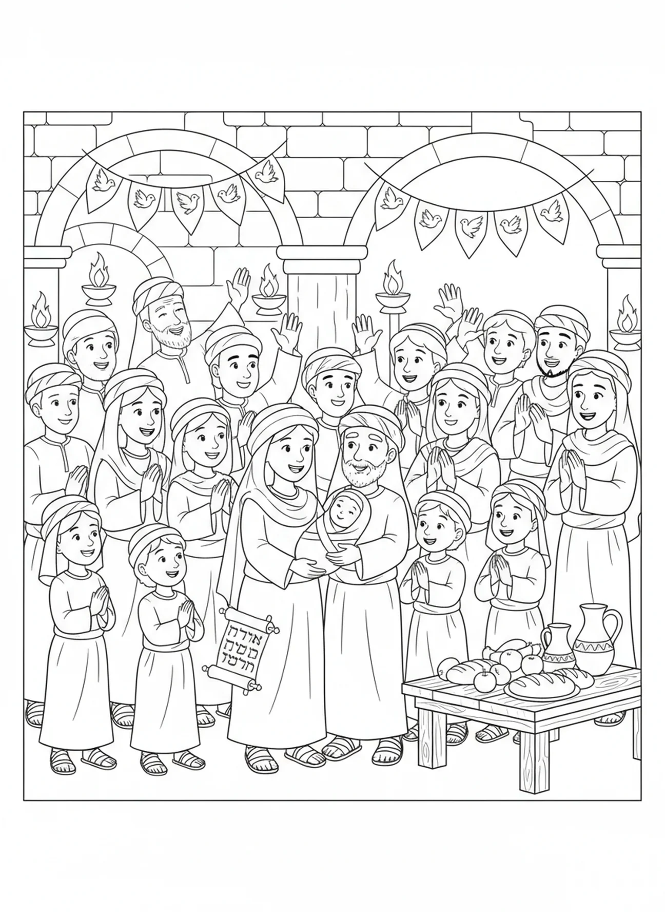 Família celebrando o anúncio do nascimento de João, página para colorir Lucas 1:37 para crianças da Escola Dominical de 5 a 12 anos