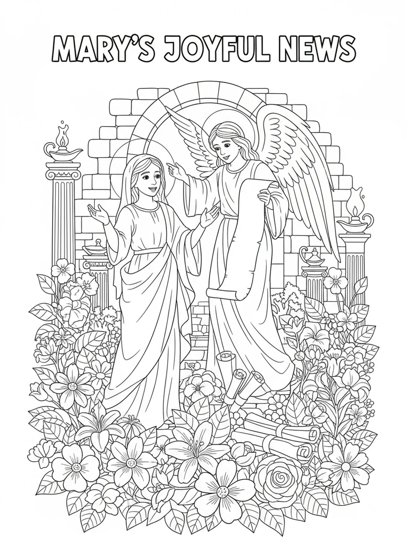 Maria aceitando alegremente a mensagem, Lucas 1:37 página para colorir para crianças da Escola Dominical de 5 a 12 anos