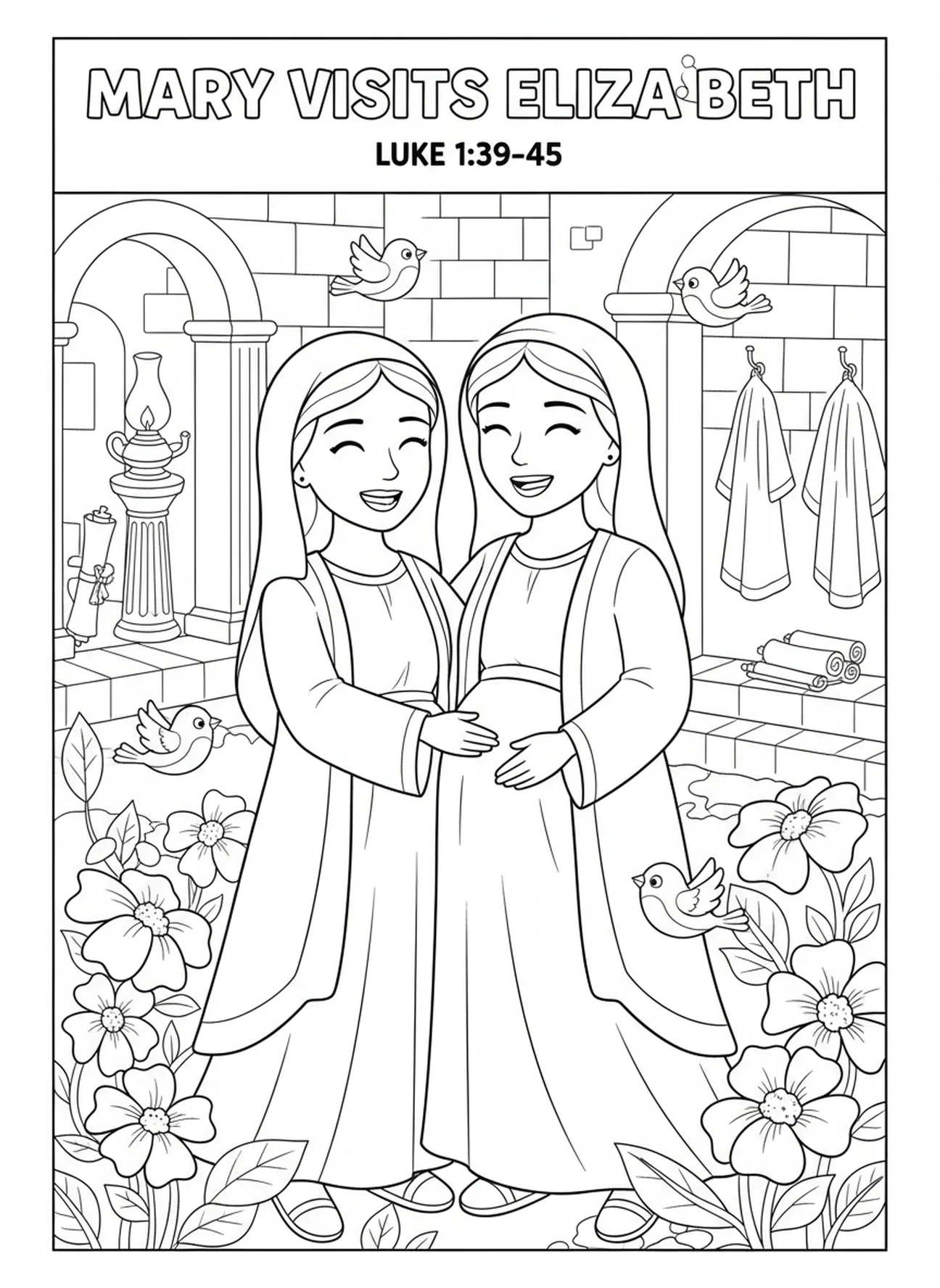 Maria visitando Isabel, página de colorir Lucas 1:37 para crianças da Escola Dominical de 5 a 12 anos