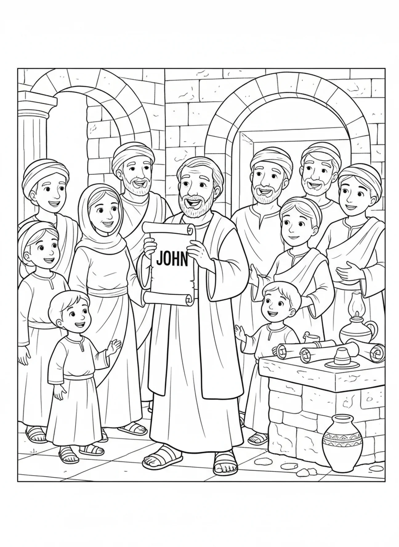 Zacarias se alegrando com um pergaminho, página para colorir de Lucas 1:37 para crianças da Escola Dominical de 5 a 12 anos