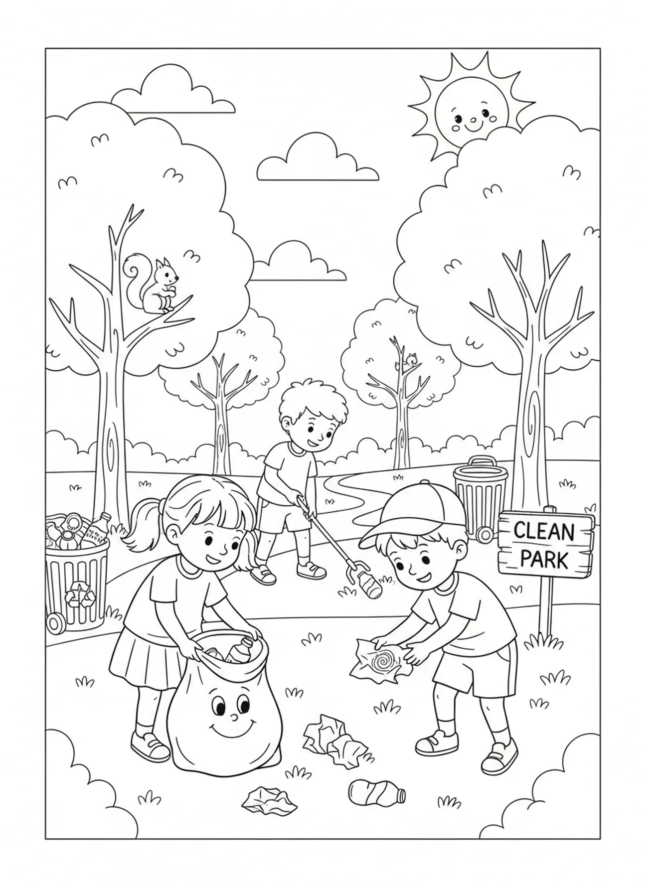 Niños limpiando el parque, Lucas 6:31 Haz a los demás página para colorear para niños de 5 a 10 años