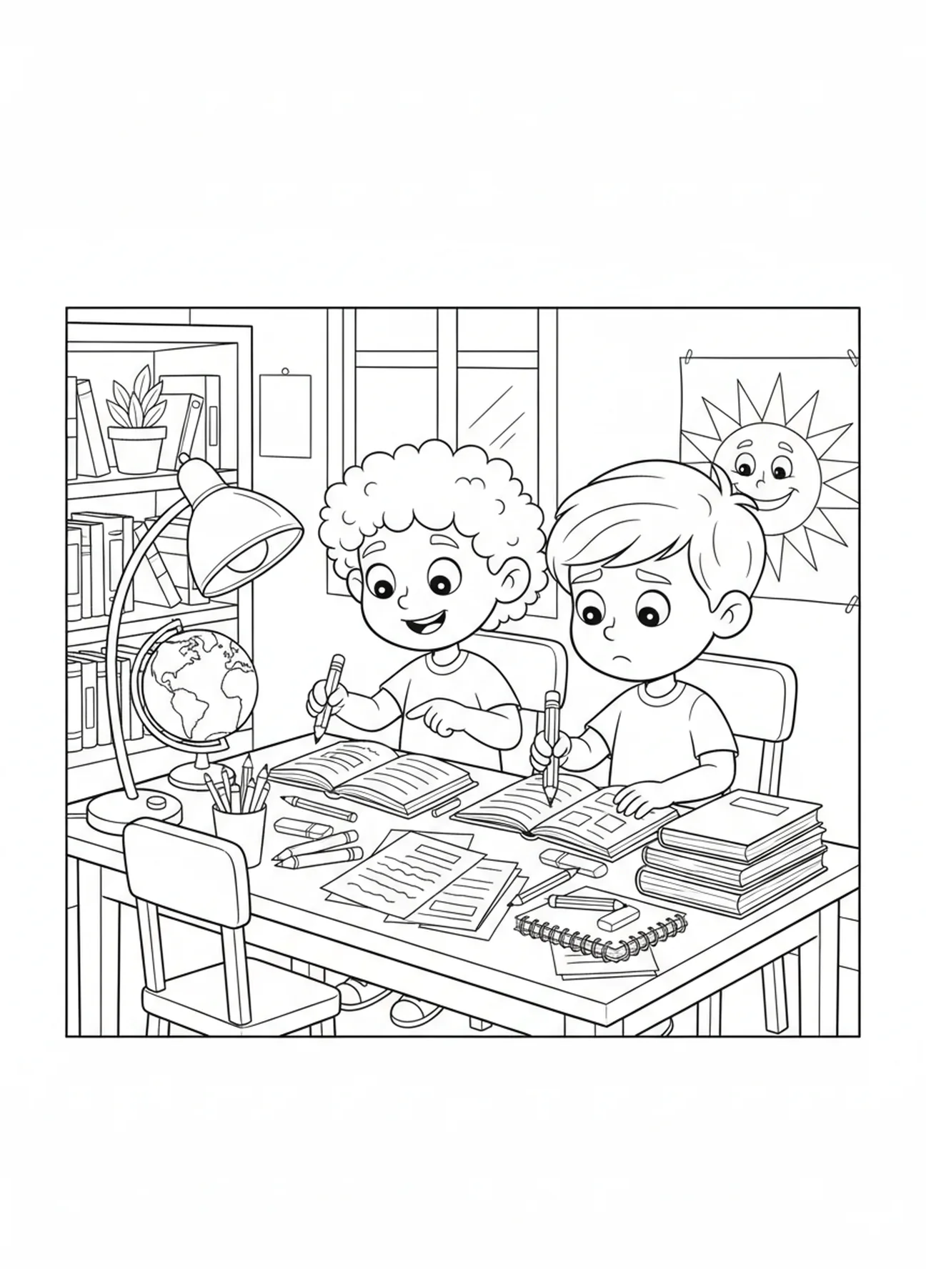 Niño ayudando a un compañero con la tarea, Lucas 6:31 Haz a los demás página para colorear para niños de 5 a 10 años
