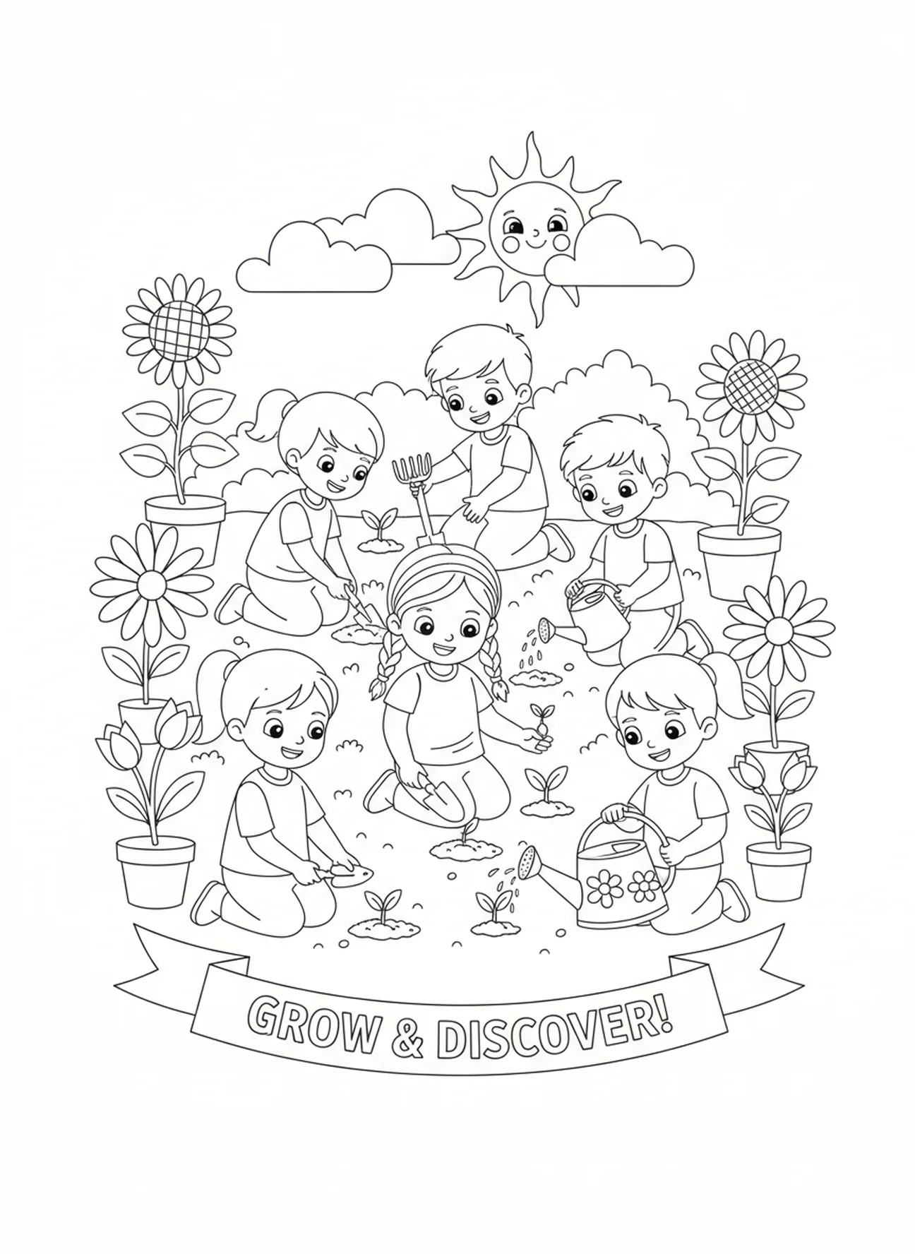 Niños sembrando semillas en el jardín, Lucas 6:31 Haz a los demás página para colorear para niños de 5 a 10 años