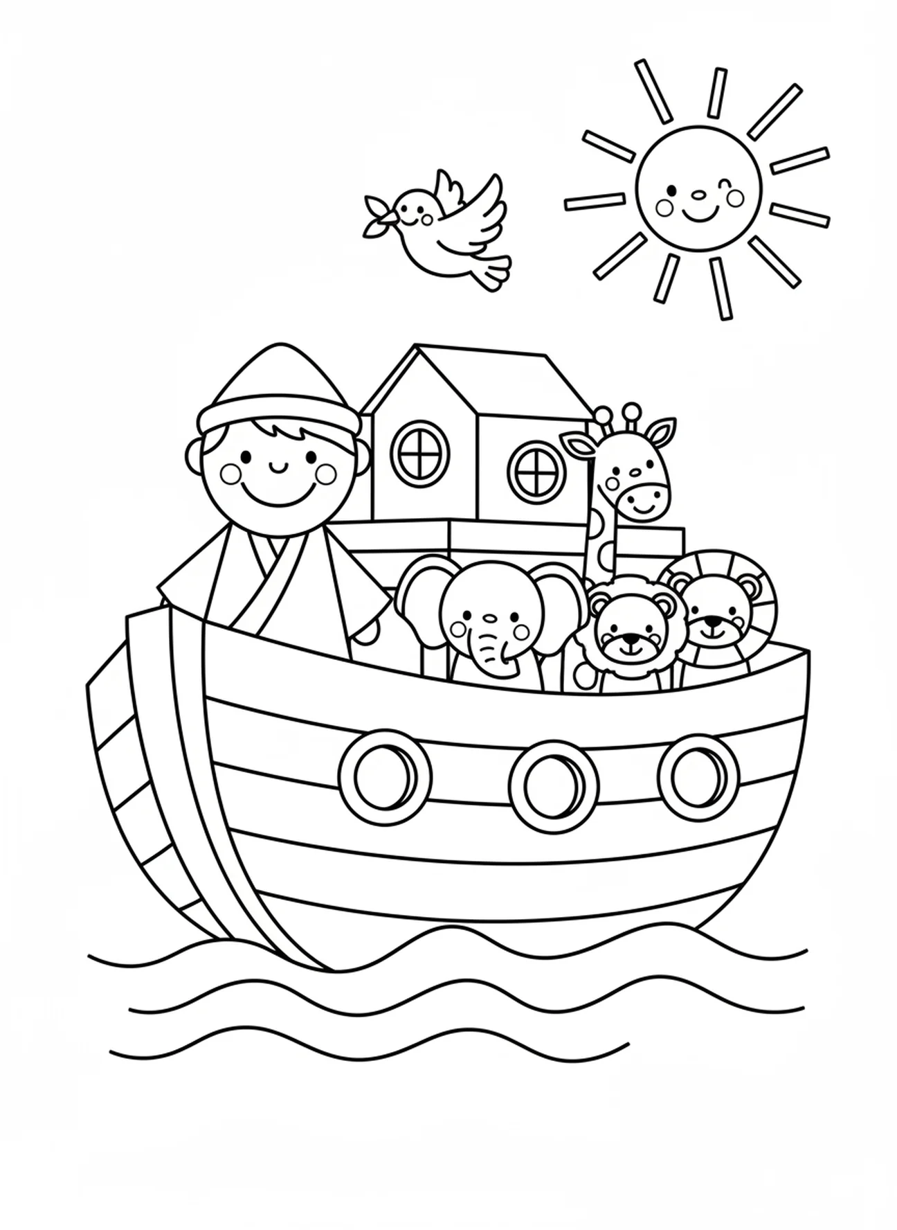Noé navegando sobre el agua, Lucas 6:31 Haz a los demás página para colorear para niños de 3 a 5 años.