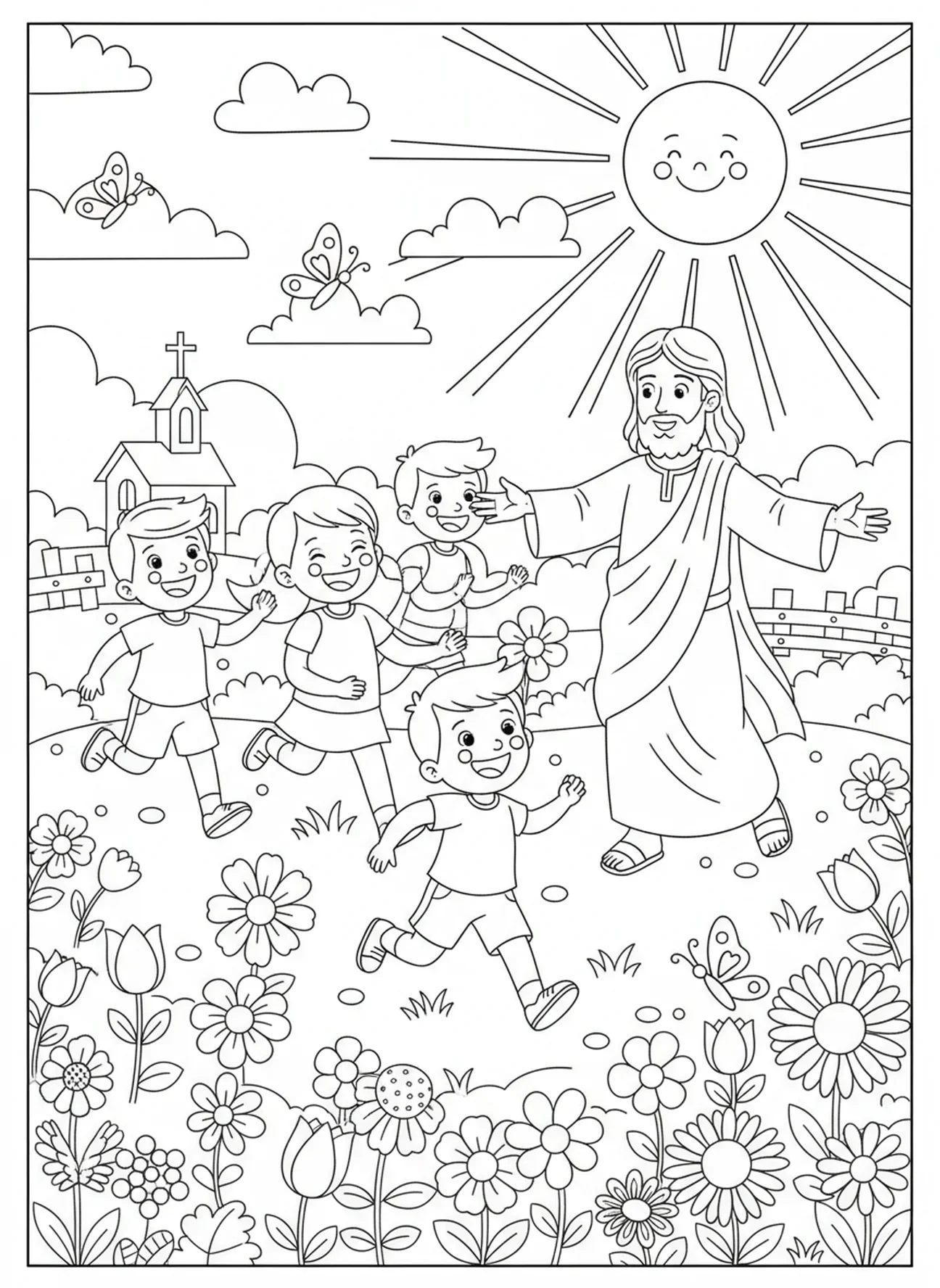 Vrolijke kinderen rennen naar Jezus, kleurplaat Matteüs 11:28 voor kinderen van 5-10 jaar.