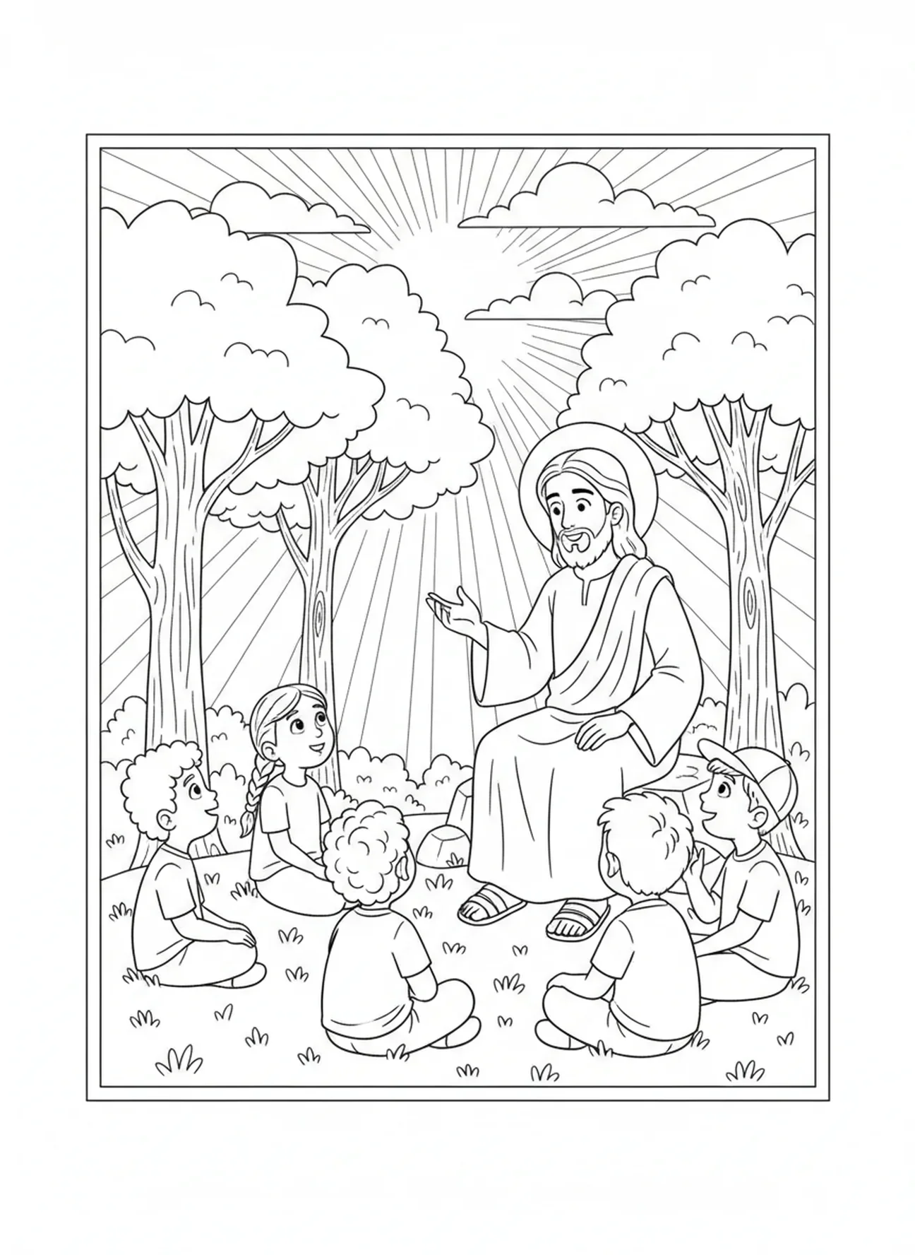 Kinderen luisteren naar Jezus, kleurplaat van Matteüs 11:28 voor kinderen van 5-10 jaar.