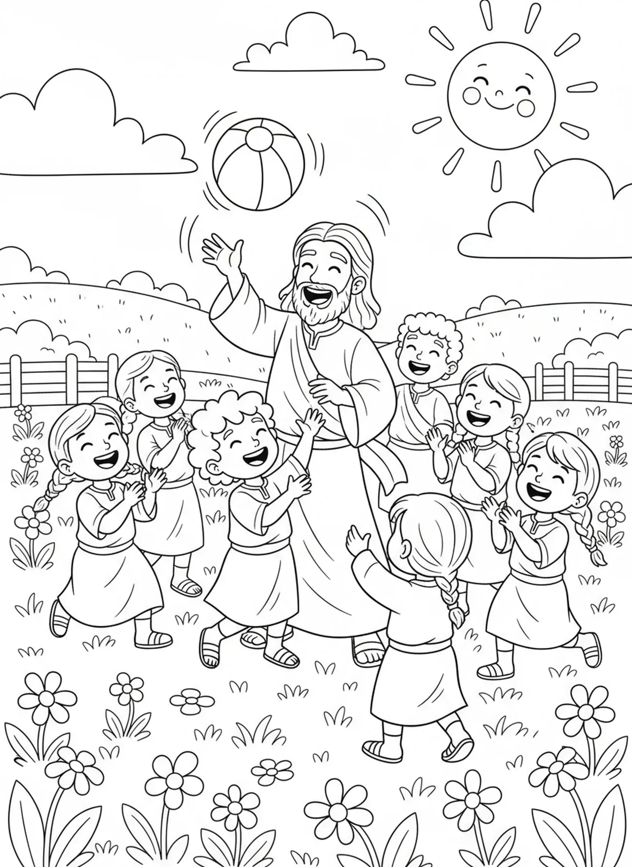Jezus speelt met kinderen, kleurplaat Matteüs 11:28 voor kinderen van 5-10 jaar.